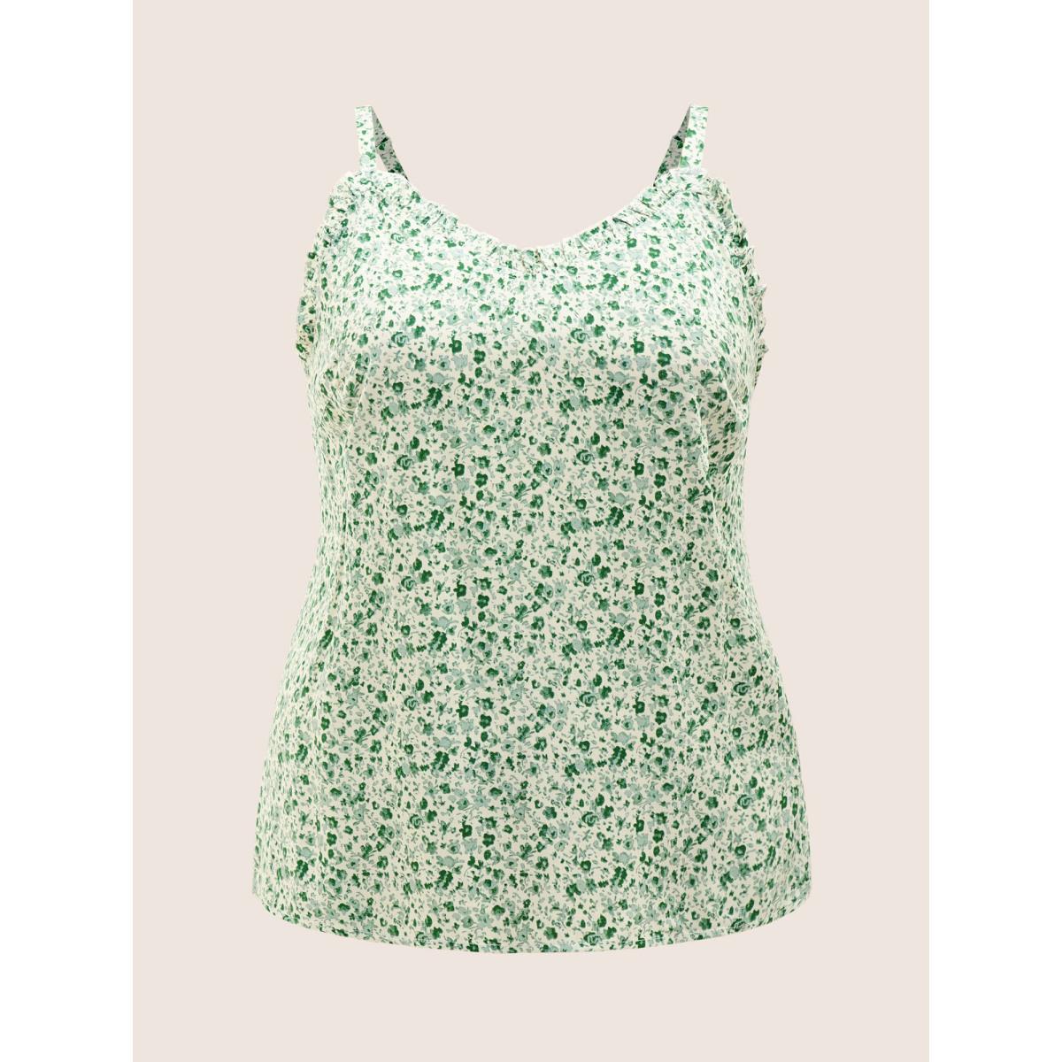 Plus Size Ditsy Floral Frill Trim Adjustable Straps Cami Top Women Moss Casual Frill Trim V-neck Everyday Tank Tops Camis BloomChic 18-20/2X Product Image