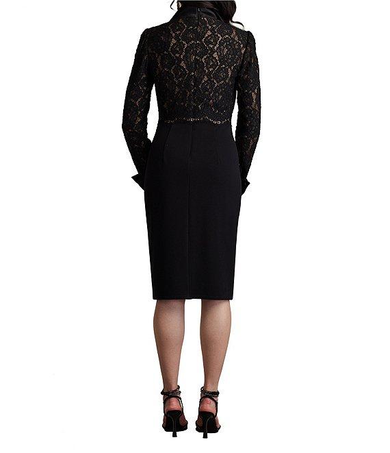 Tadashi Shoji Lace Crepe Collar V-Neckline Long Cuffed Sleeve Dress Product Image