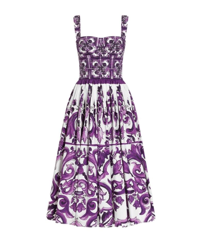 DOLCE & GABBANA Women Cotton Midi Dress With Maiolica Print In Purple Product Image