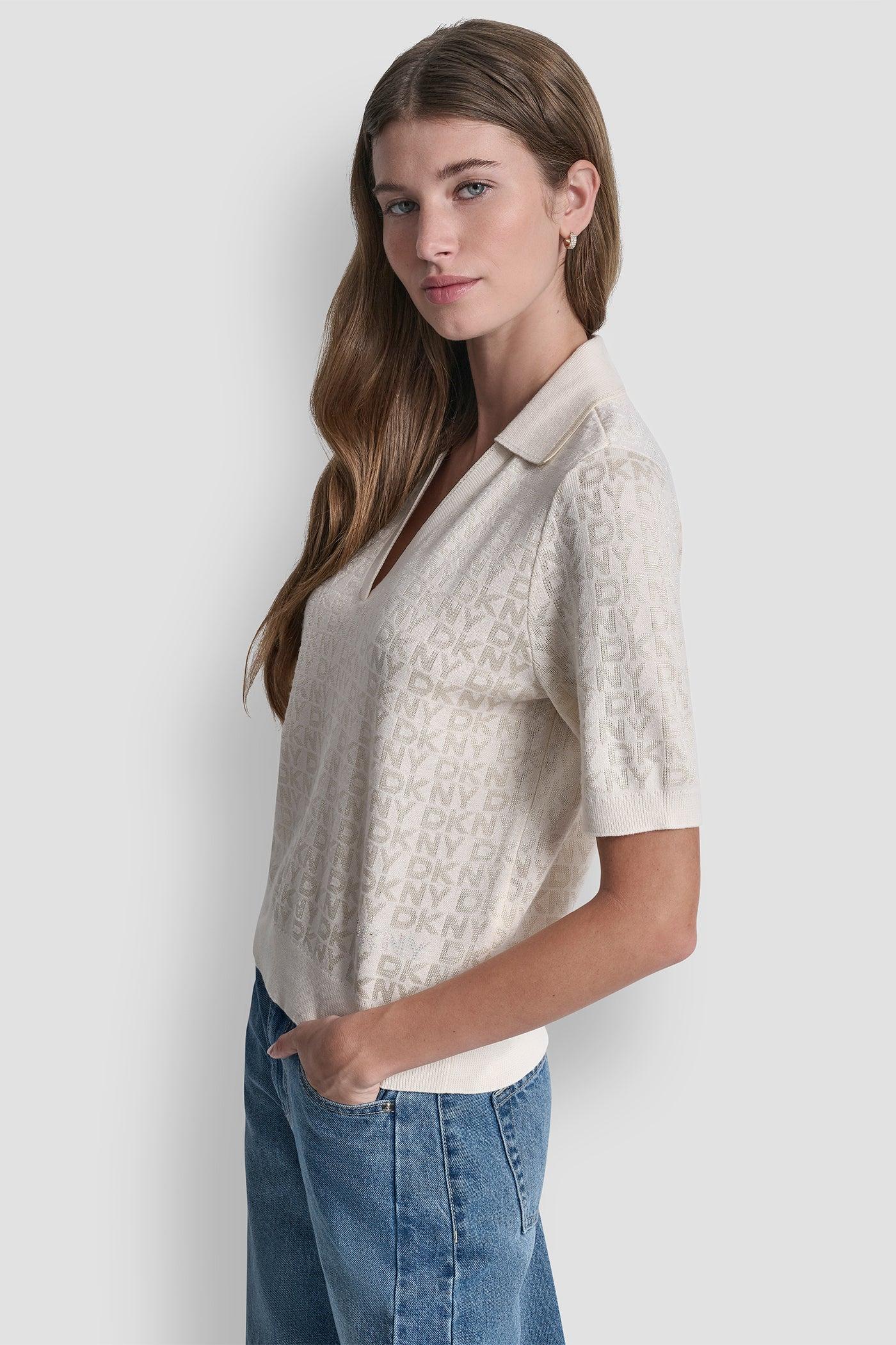 POLO COLLAR SWEATER WITH RHINESTONE LOGO Product Image