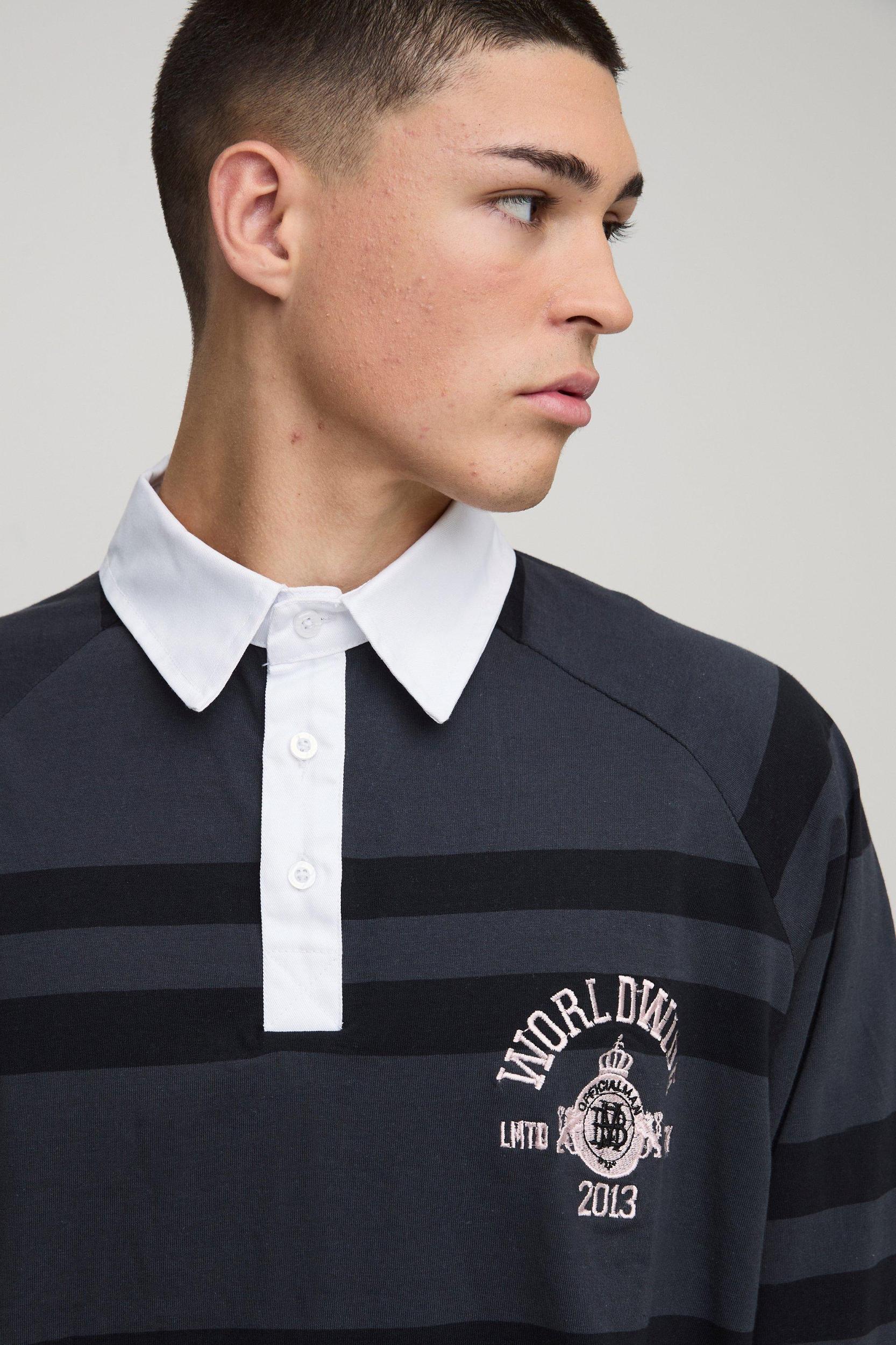 Oversized Worldwide Stripe Long Sleeve Interlock Polo | boohooMAN USA Product Image