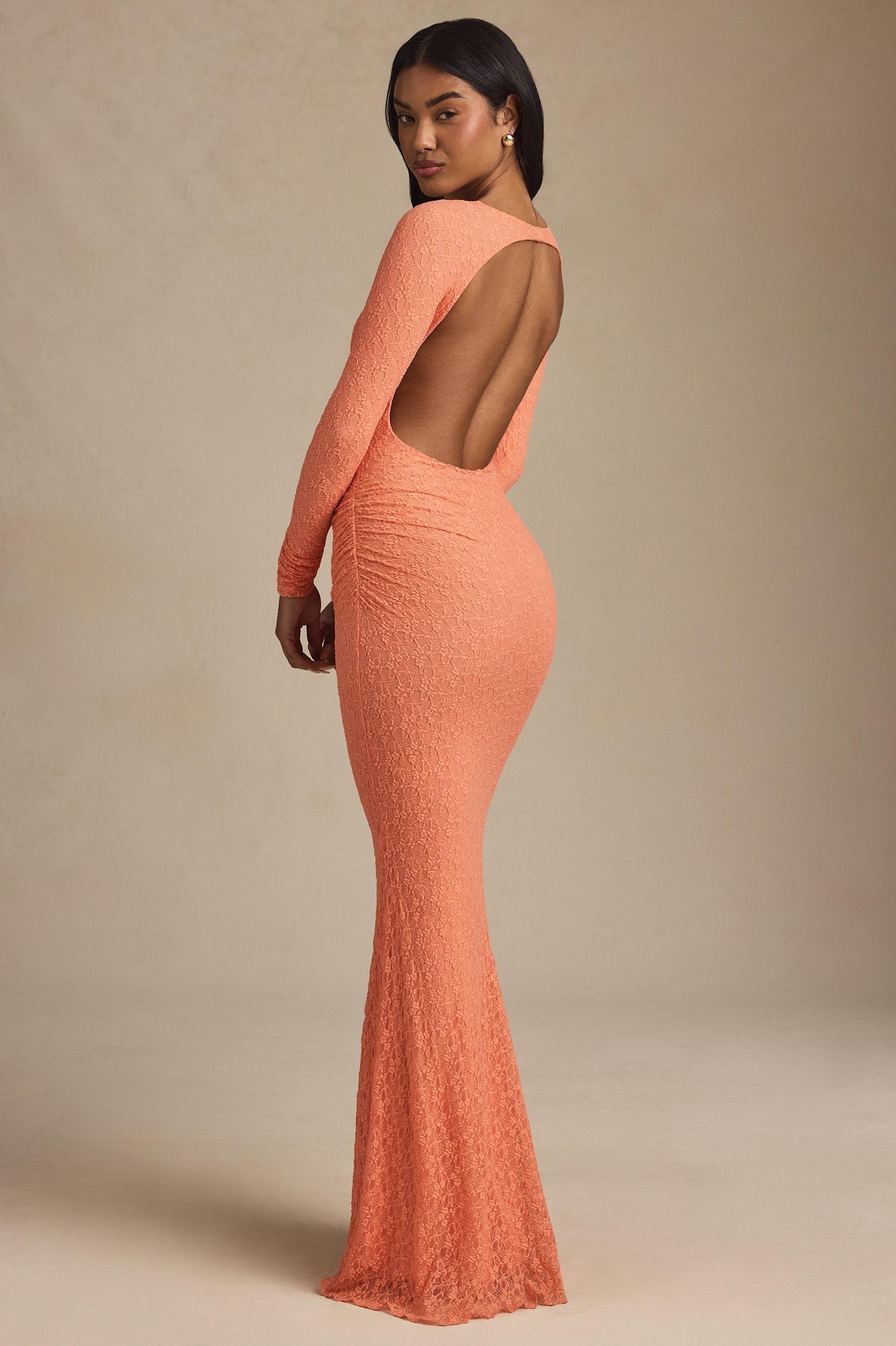 Ruched Backless Lace Maxi Dress in Peach Product Image