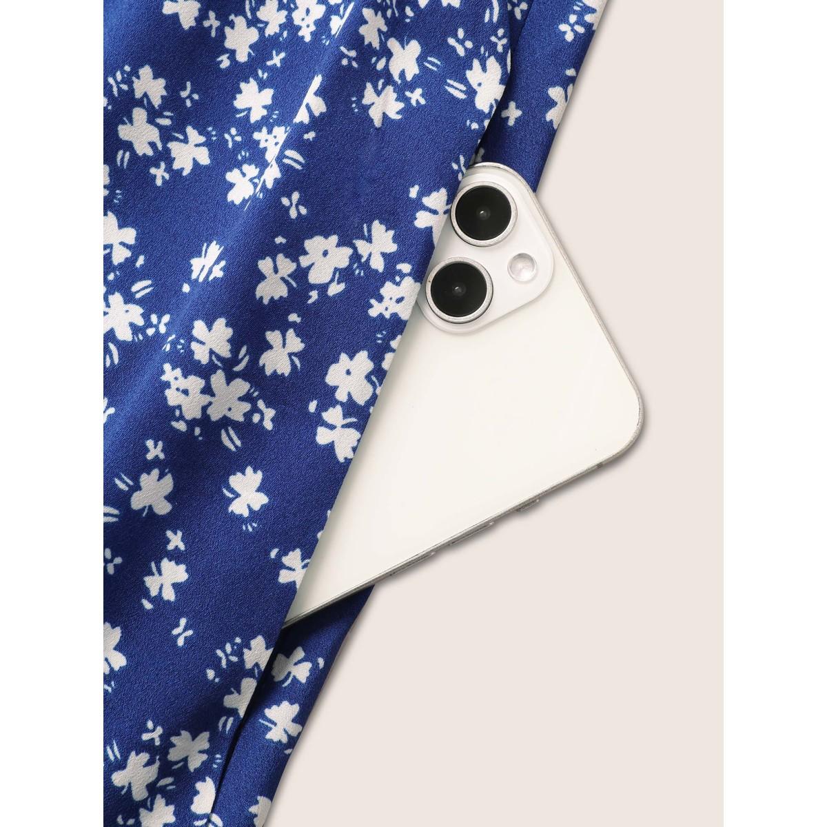 Plus Size Ditsy Floral Pocket Tie Neck Shirred Dress Navy Women Elegant Non Notched collar Elbow-length sleeve Curvy Midi Dress BloomChic 26/4X Product Image