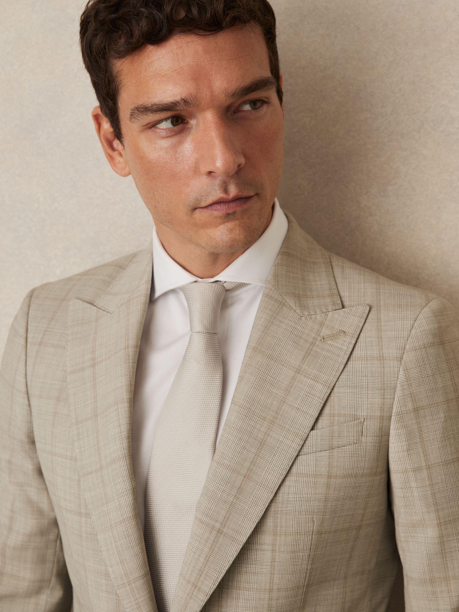 Slim-Fit Single-Breasted Wool Check Suit Blazer in Oatmeal Brown Product Image