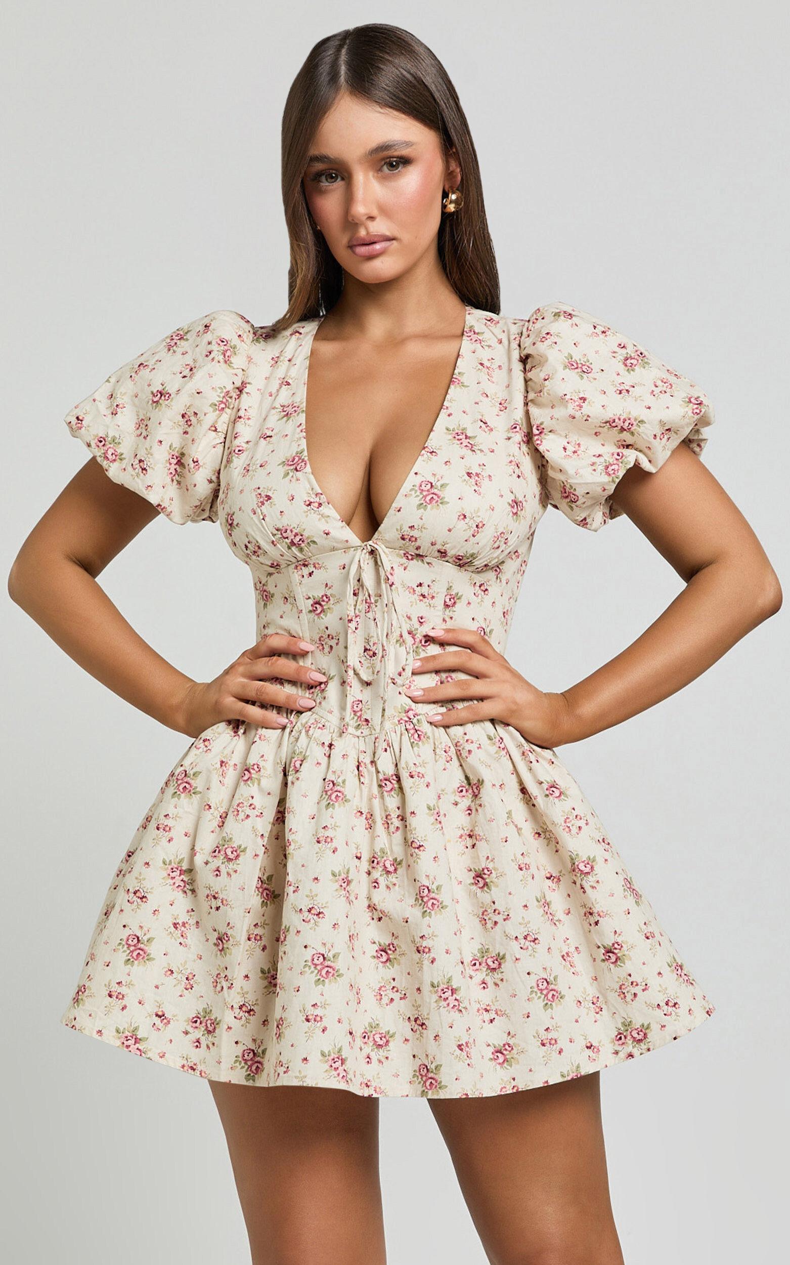 Evans Mini Dress - Short Sleeve Shirred Back Plunge Dress in Pink Floral Product Image