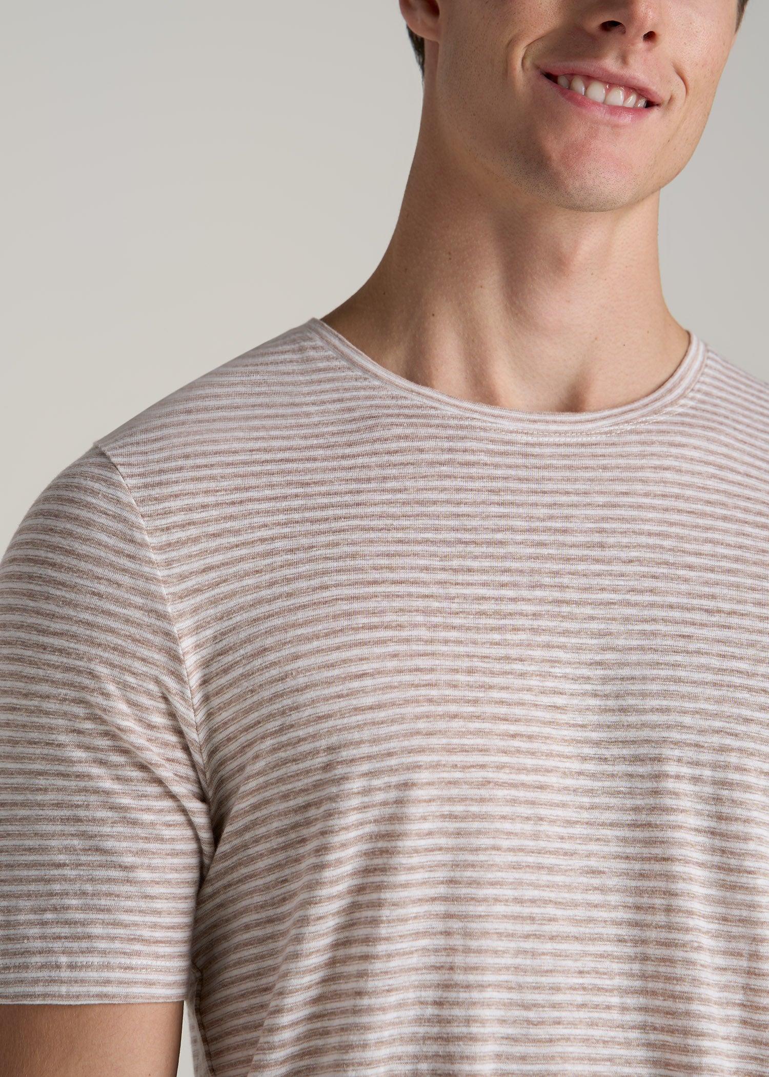 Linen Crewneck T-Shirt for Tall Men in Beige and White Stripe Male Product Image