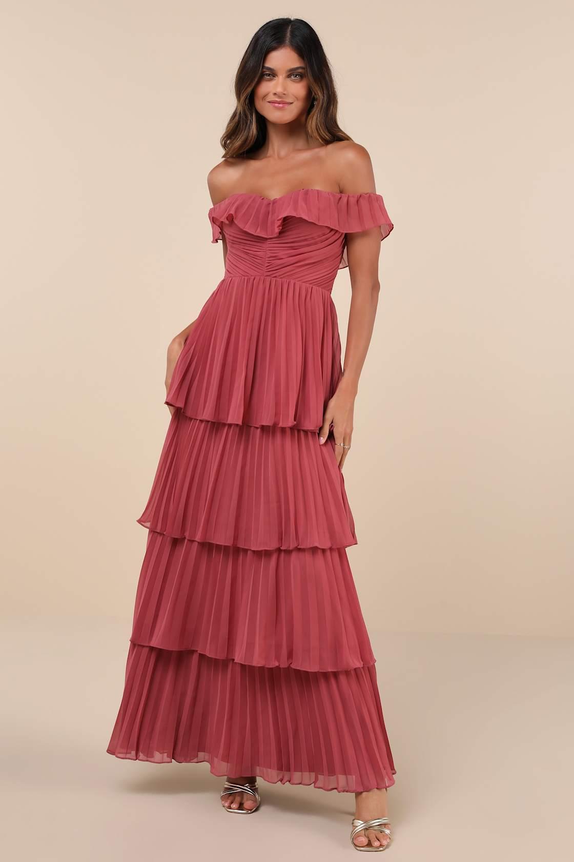 Always Remarkable Rusty Rose Pleated Off-the-Shoulder Maxi Dress Product Image