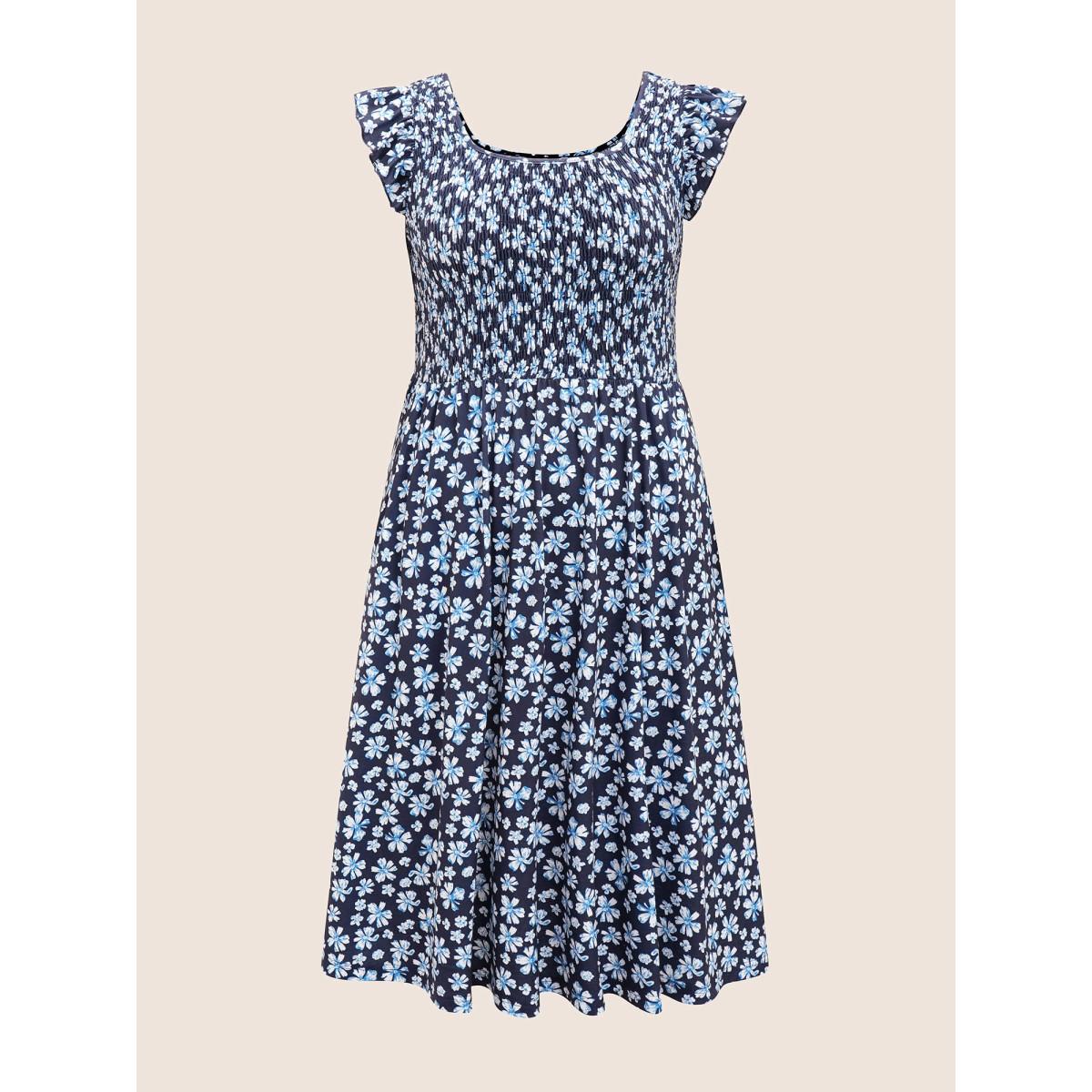 Plus Size Ditsy Floral Shirred Ruffle Trim Midi Dress DarkBlue Women Elegant Shirred Square Neck Cap Sleeve Curvy BloomChic 14-16/1X Product Image