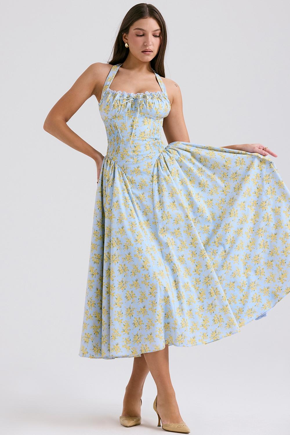 Adabella  soft blue vintage floral print cotton halter sundress Product Image