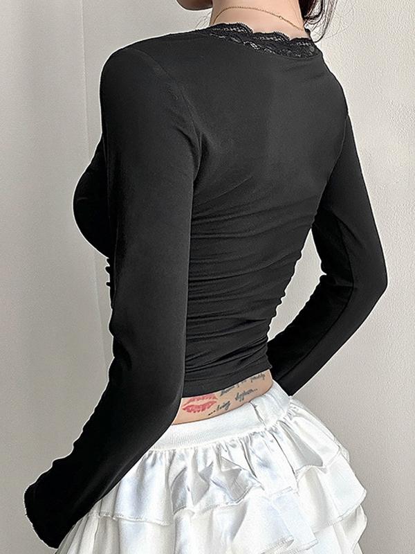 V Lace Stitching Long Sleeve Tee Product Image