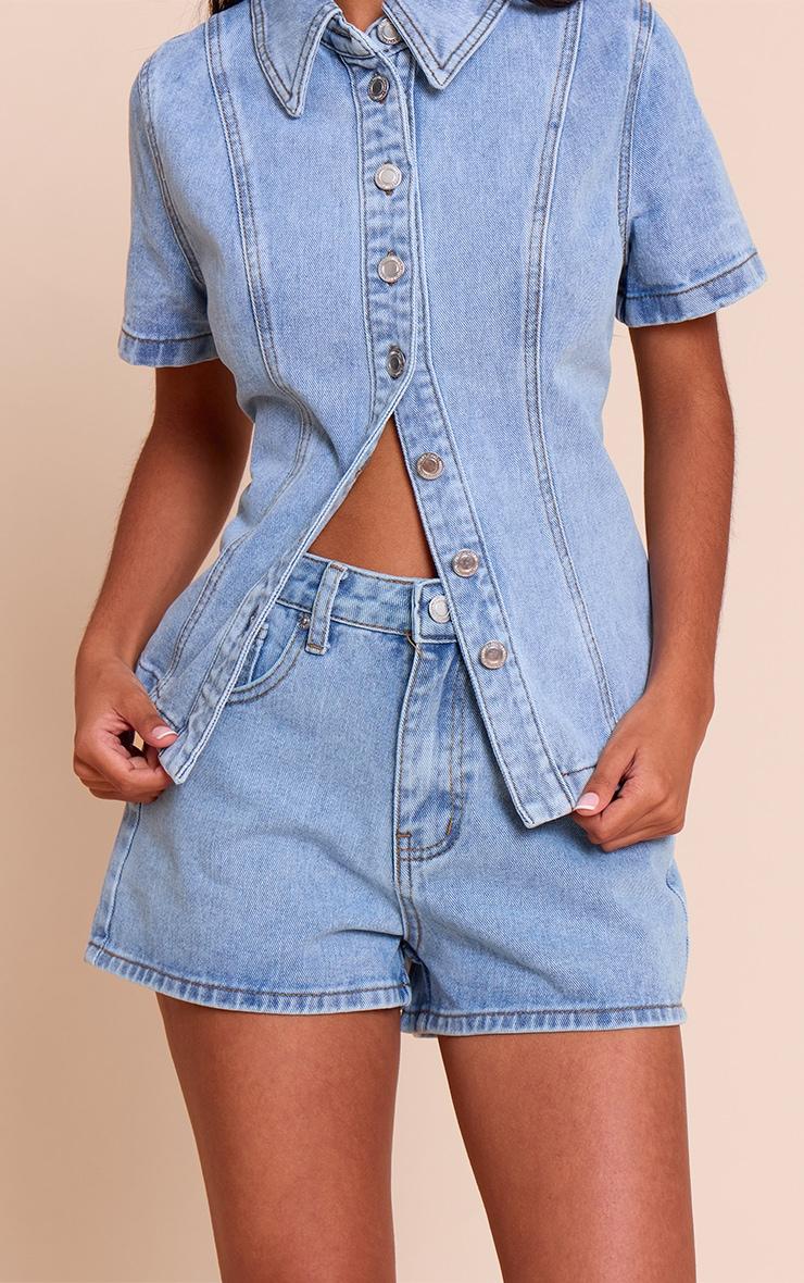 Petite Light Blue Denim Button Up Short Sleeve Shirt Product Image