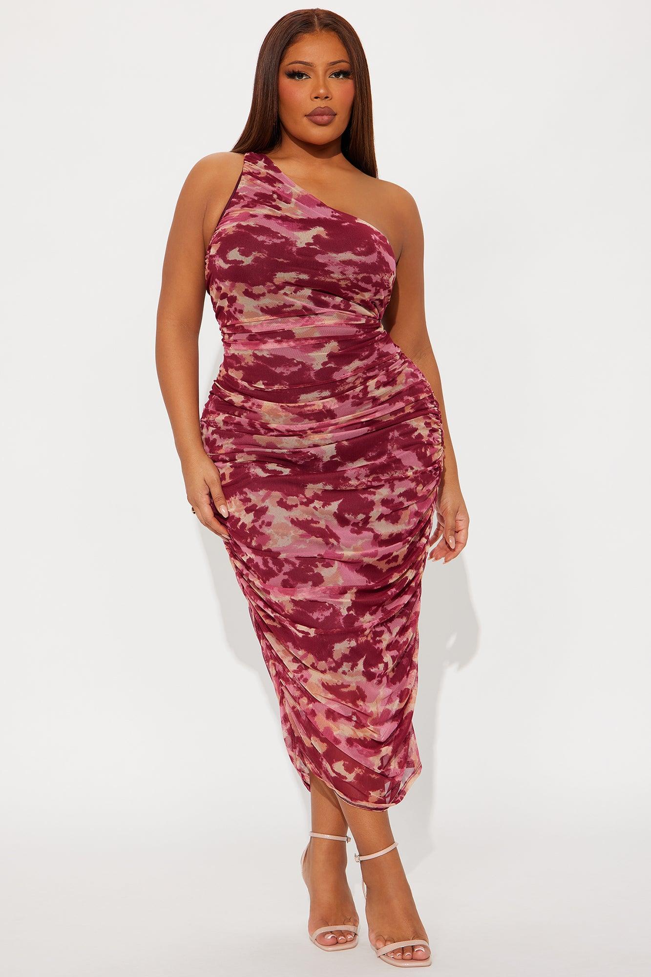 Bella Ruched Mesh Midi Dress - Burgundy/combo Female Product Image