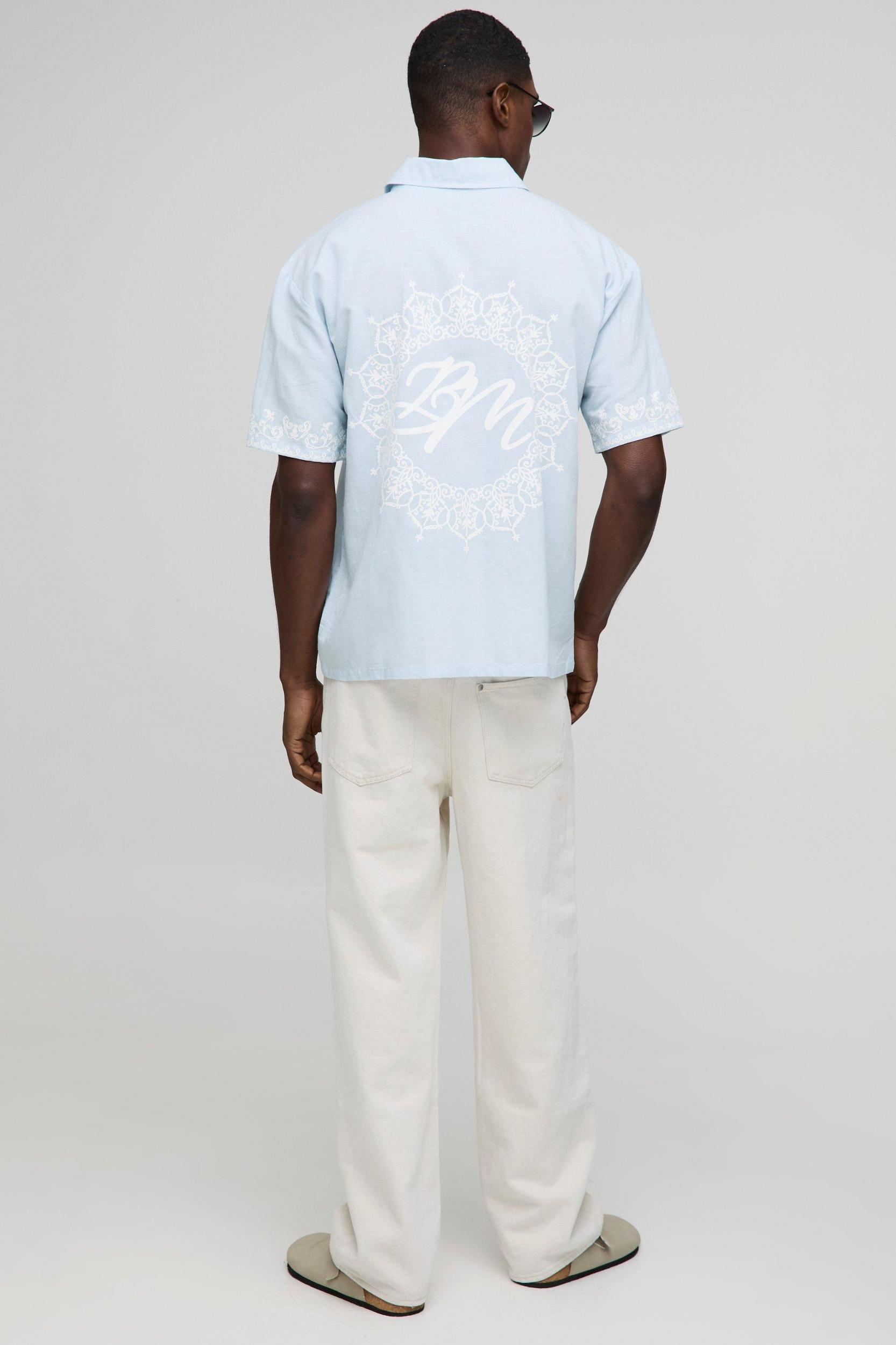Oversized Border Print Linen Blend Shirt | boohooMAN USA Product Image