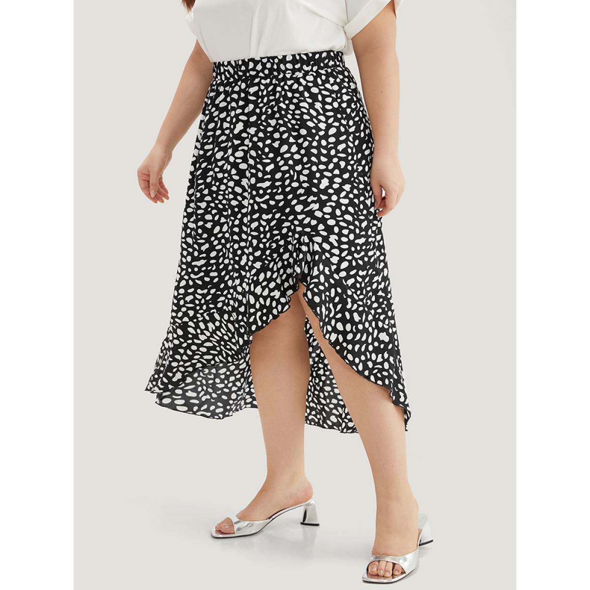 Plus Size Leopard Elastic Waist Ruffles Asymmetrical Hem Skirt Women Black Elegant Elastic Waist Low stretch Dailywear Skirts BloomChic 26/4X Product Image
