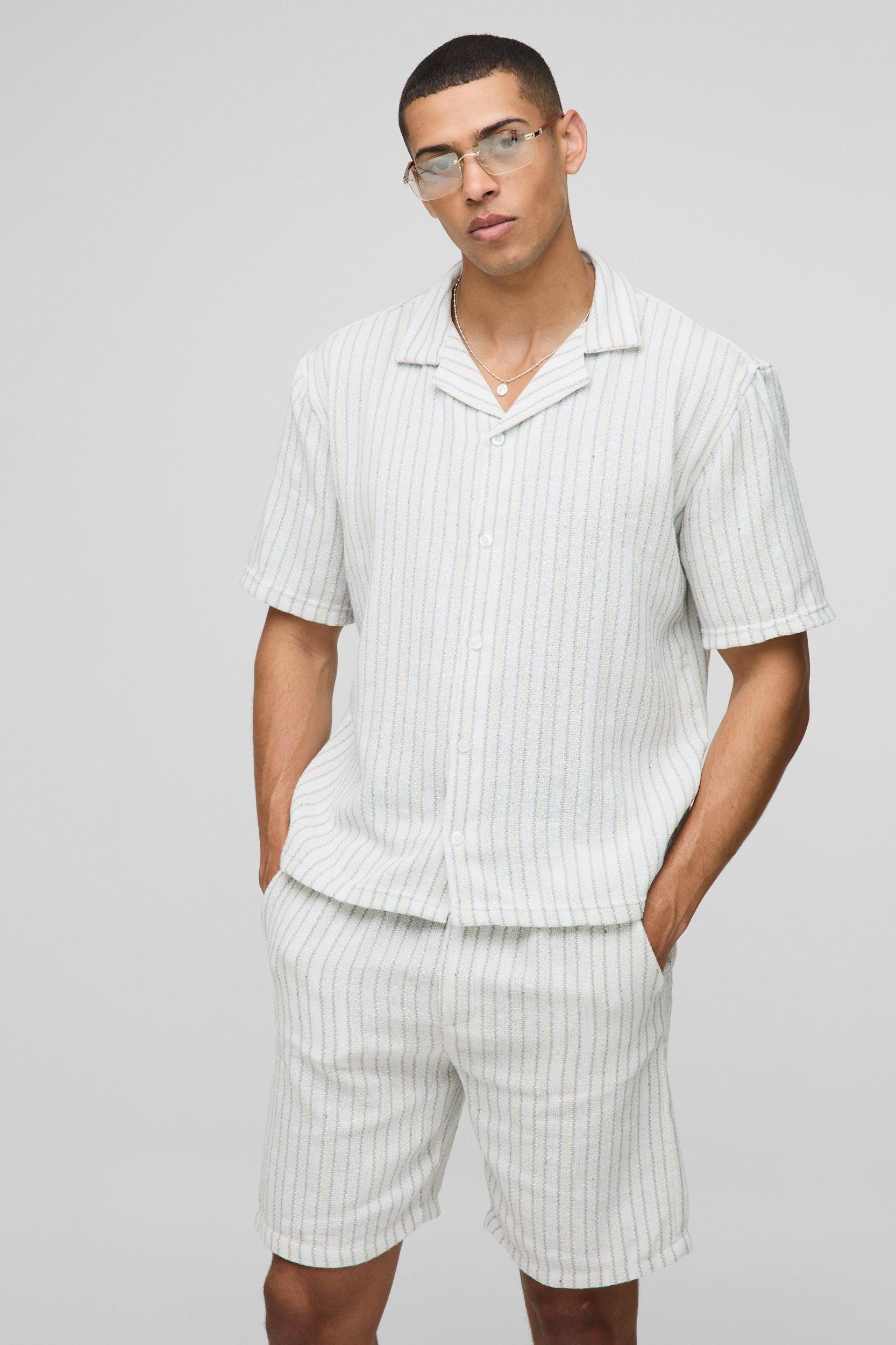 Oversized Linen Look Textured Stripe Shirt & Short Set | boohooMAN USA Product Image