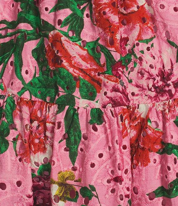 Gibson & Latimer Floral Eyelet Split Neck Elbow Puff Sleeve Button Front Scallop Hem Dress Product Image