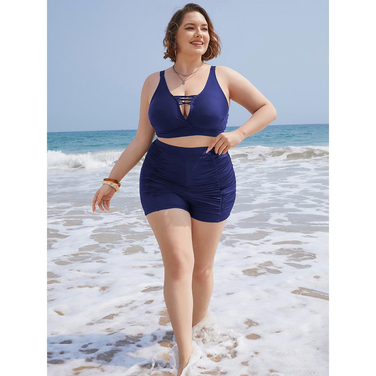 Plus Size Solid High Waist Ruched Detail Swim Shorts Women's Swimwear Indigo Beach Gathered High stretch Skinny High Rise Curve Swim Bottoms BloomChic 14-16/1X Product Image