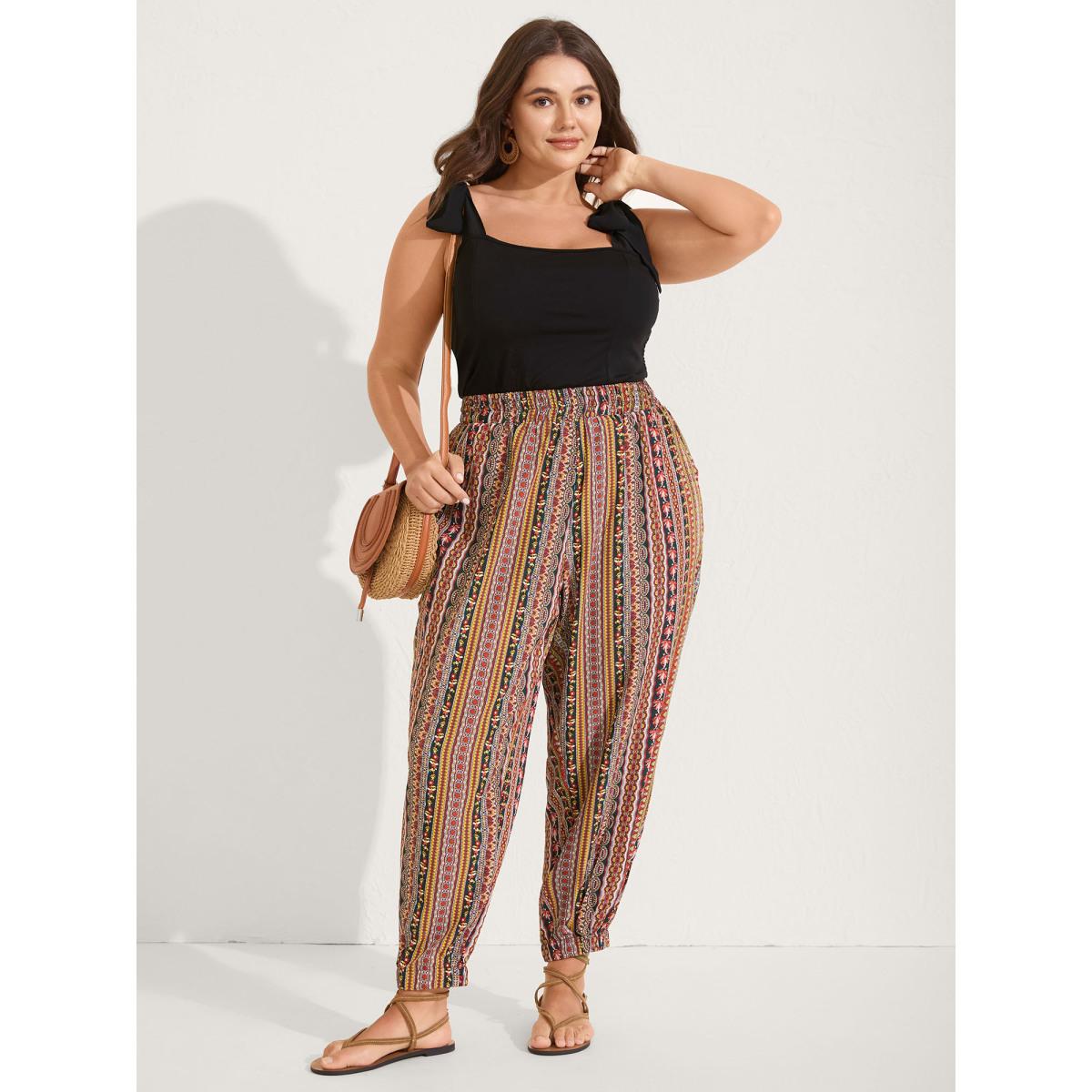 Plus Size Boho Striped Split Jogger Pants Women DarkGreen Casual Bodycon Mid Rise Everyday-Casual Pants BloomChic 22-24/3X Product Image