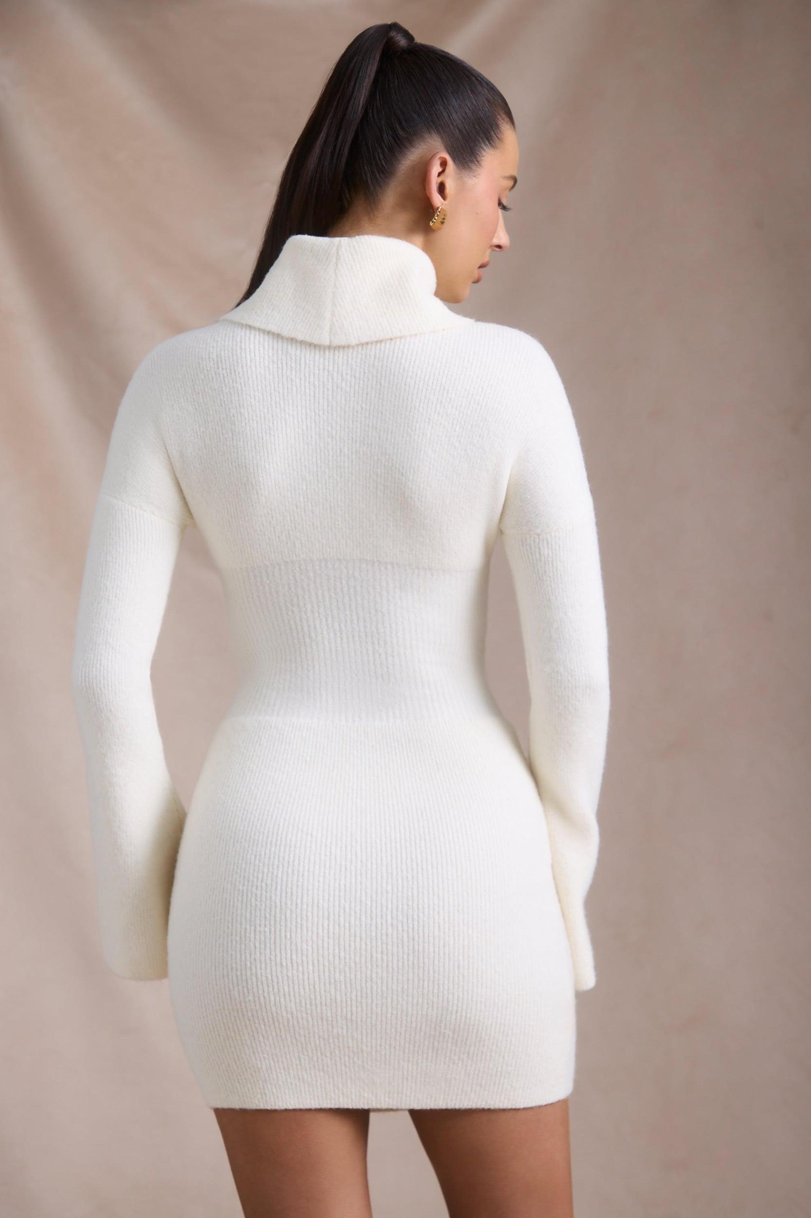 Ribbed-Knit Turtleneck Mini Jumper Dress in Ivory Product Image