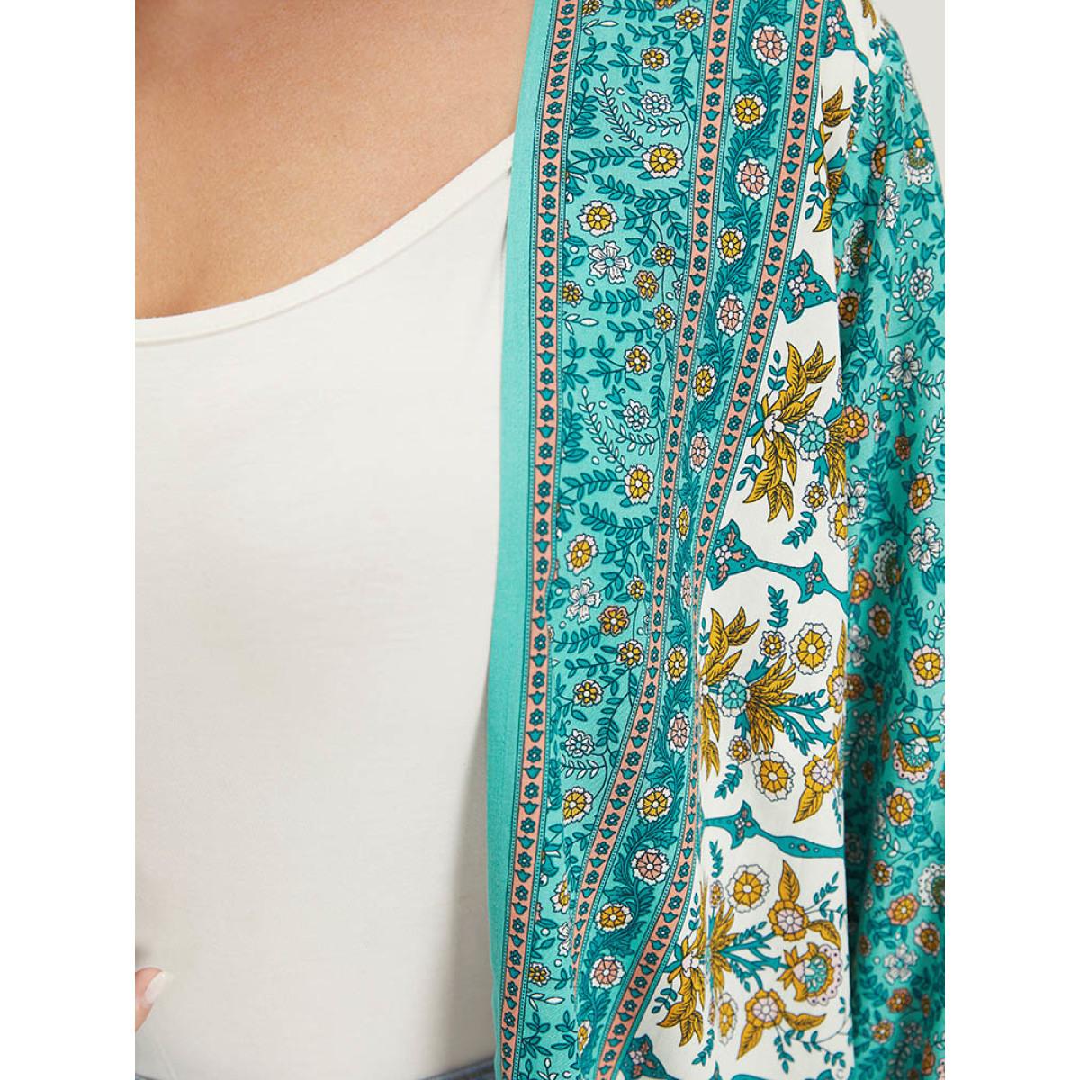 Plus Size Boho Print Flutter Sleeve Open Front Kimono Women Turquoise Casual Printed Loose Dailywear Kimonos BloomChic 18-20/2X Product Image