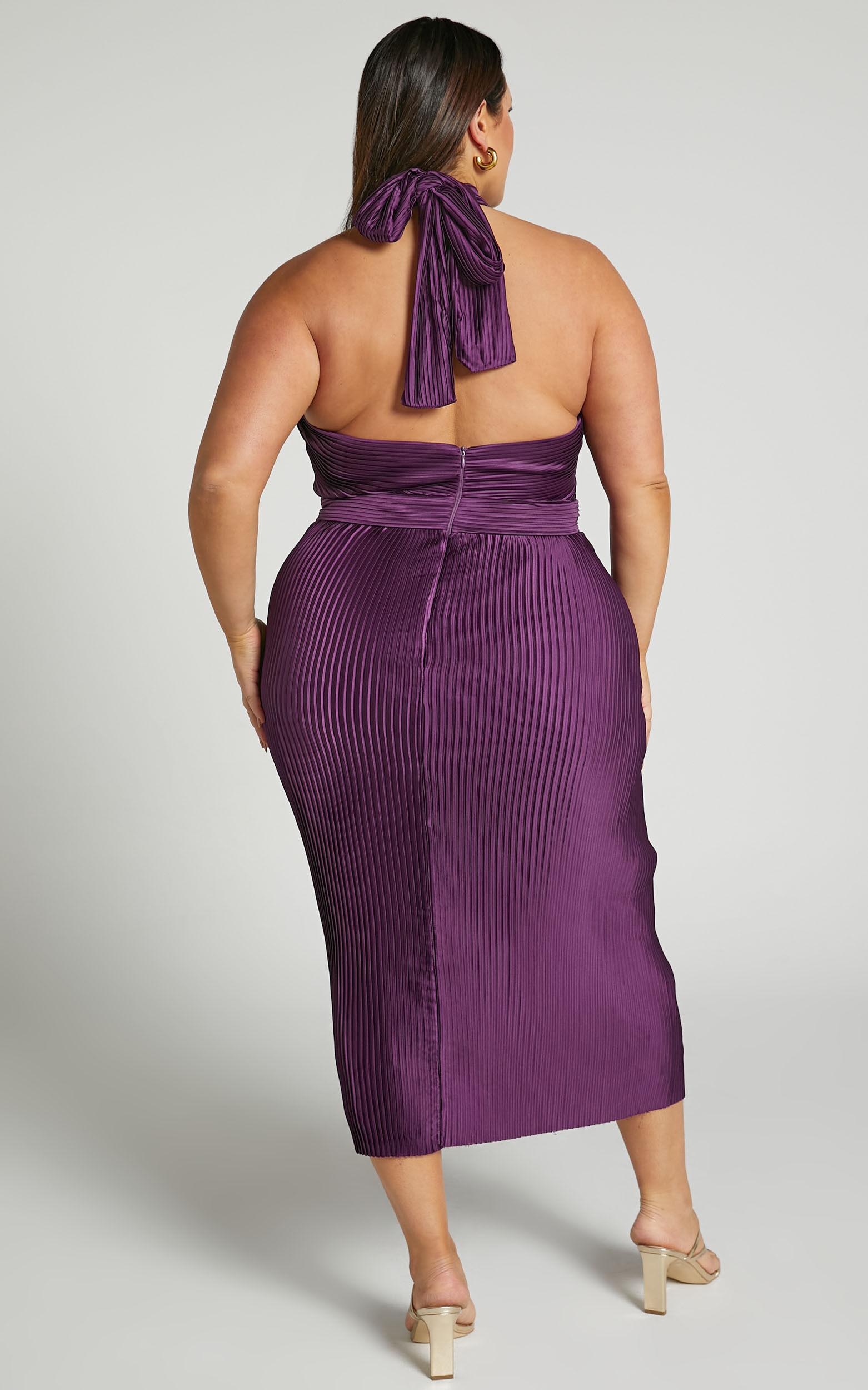 Marlette Midi Dress - Pleated Open Back Halter Dress in Aubergine Product Image