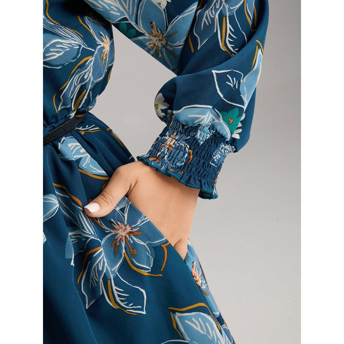 Plus Size Floral Mock Neck Frill Trim Keyhole Dress Aegean Women Elegant Elastic cuffs Mock Neck Long Sleeve Curvy Midi Dress BloomChic 30/6X Product Image