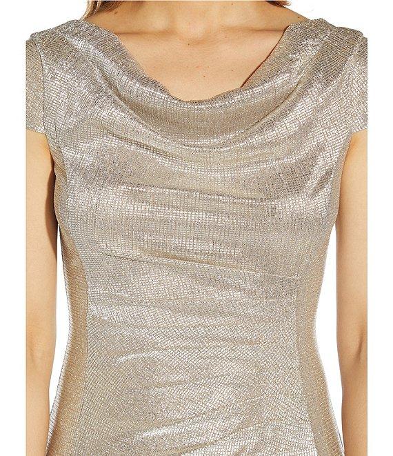 Adrianna Papell Glitter Cowl Neck Draped Back Cap Sleeve A-Line Gown Product Image