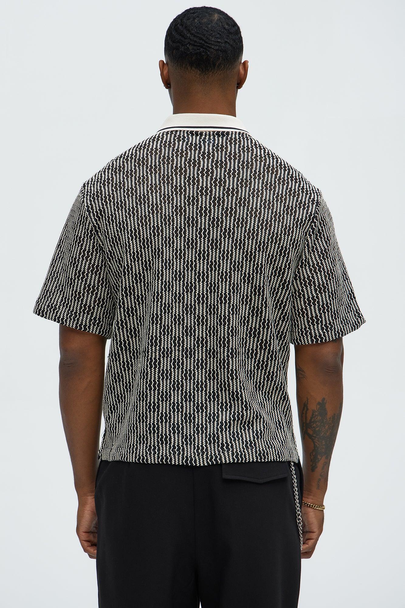 Zigzag Open Knit Crochet Cuban Shirt - Black/combo Product Image