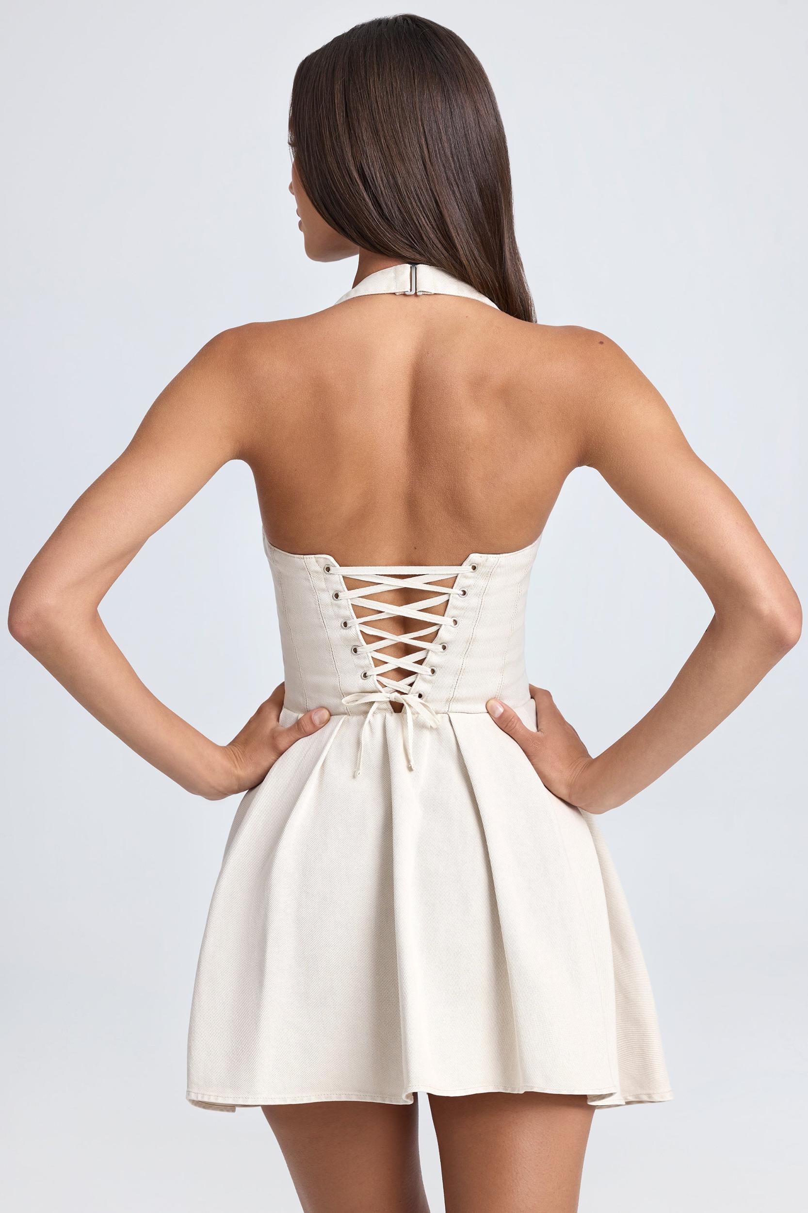 Halterneck Corset Micro Mini Dress in Ecru Product Image