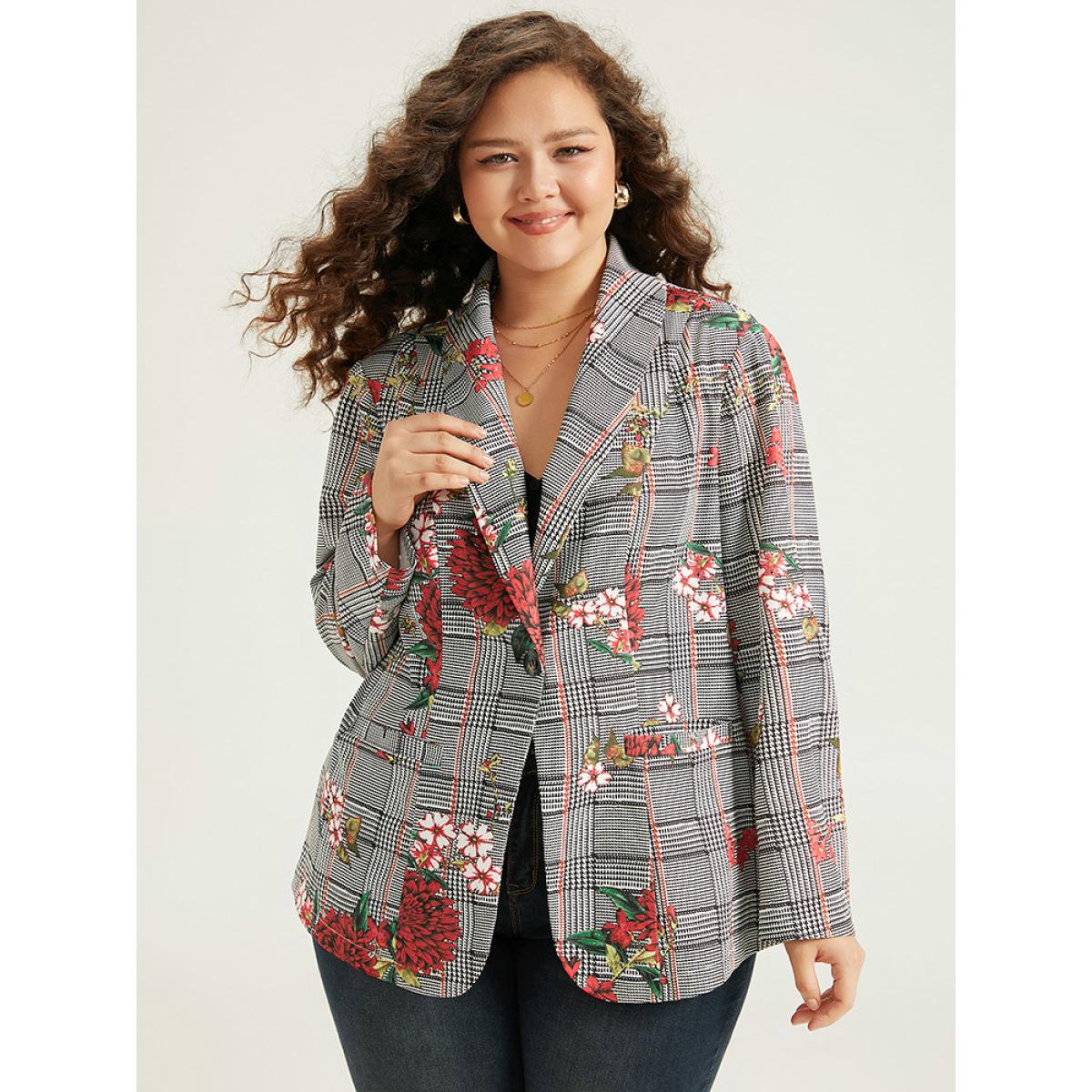 Plus Size Floral Plaid Patchwork Pocket Blazer Multicolor Women Dailywear Plaid Printed Sleeve Long Sleeve Lapel Collar 28/5X Pocket Elegant Blazers BloomChic Product Image