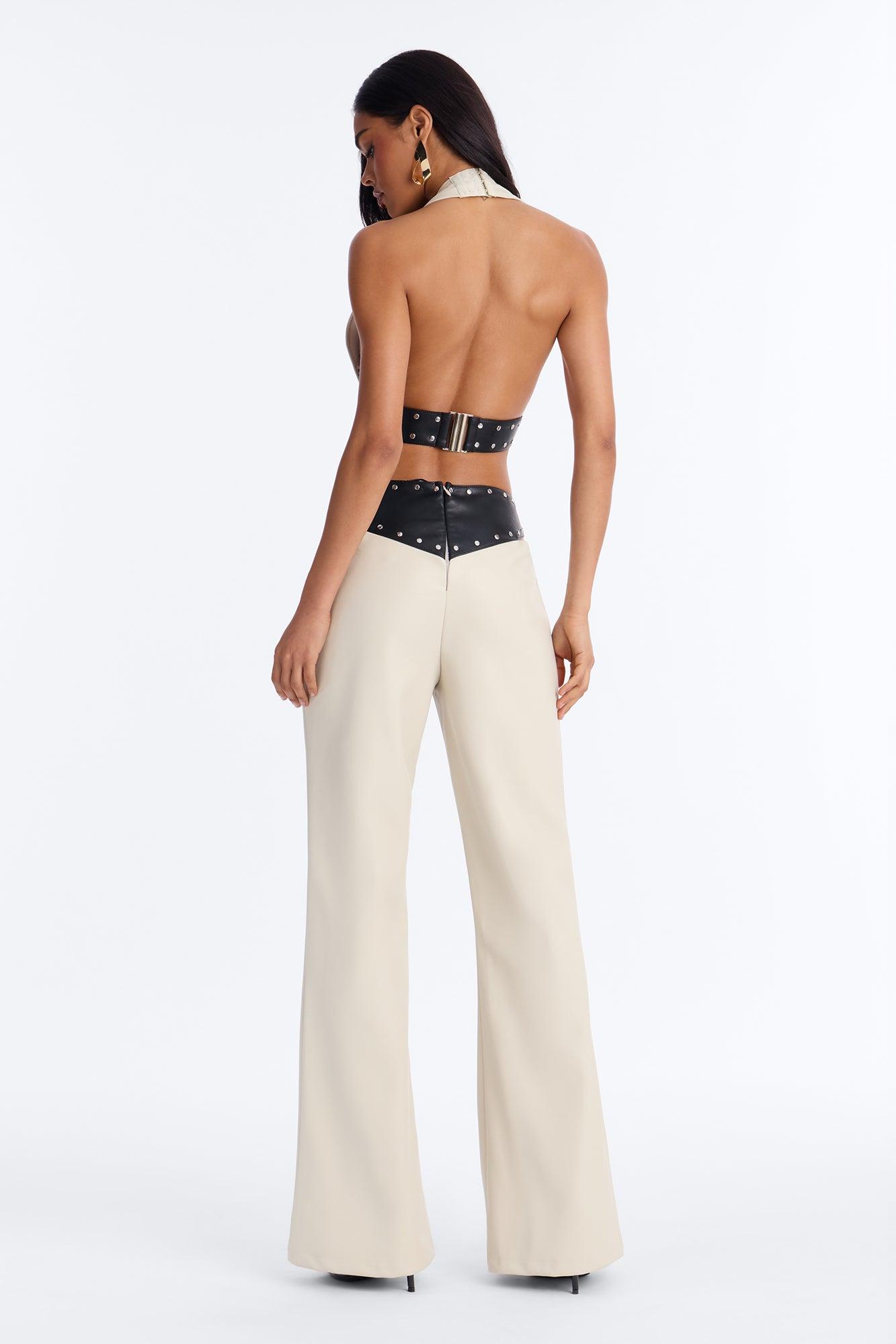 Natasha Faux Leather Studded Pant Set - Cream Female Product Image