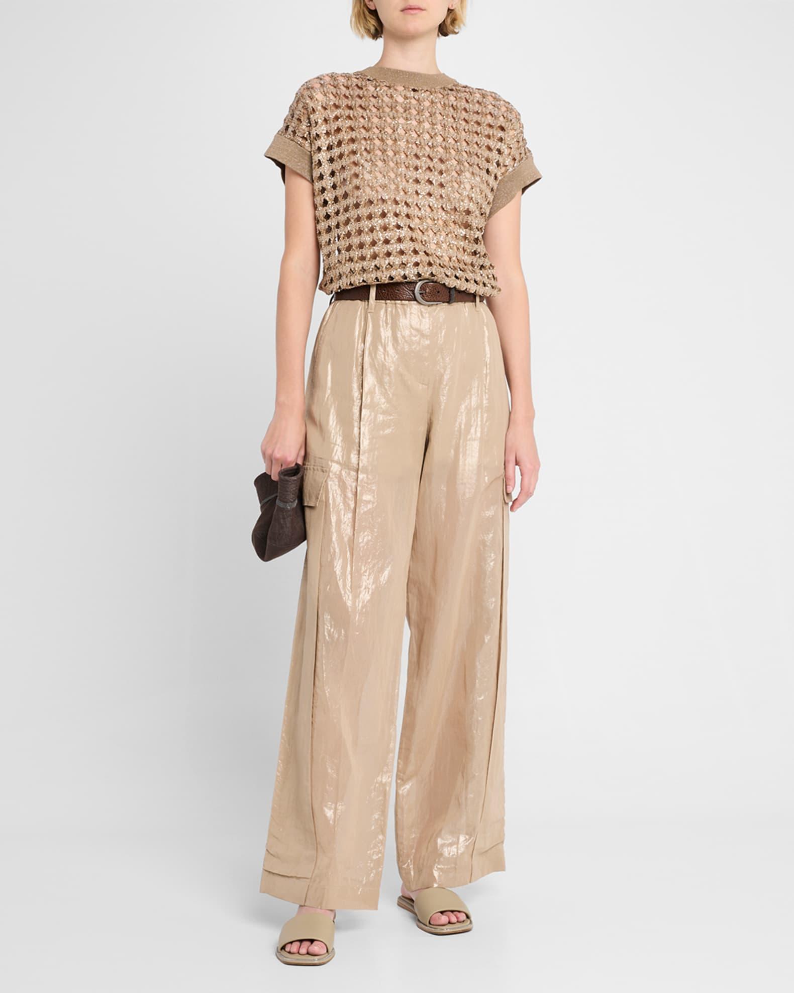 Short-Sleeve Paillette Cotton-Jute Open Knit Sweater Product Image