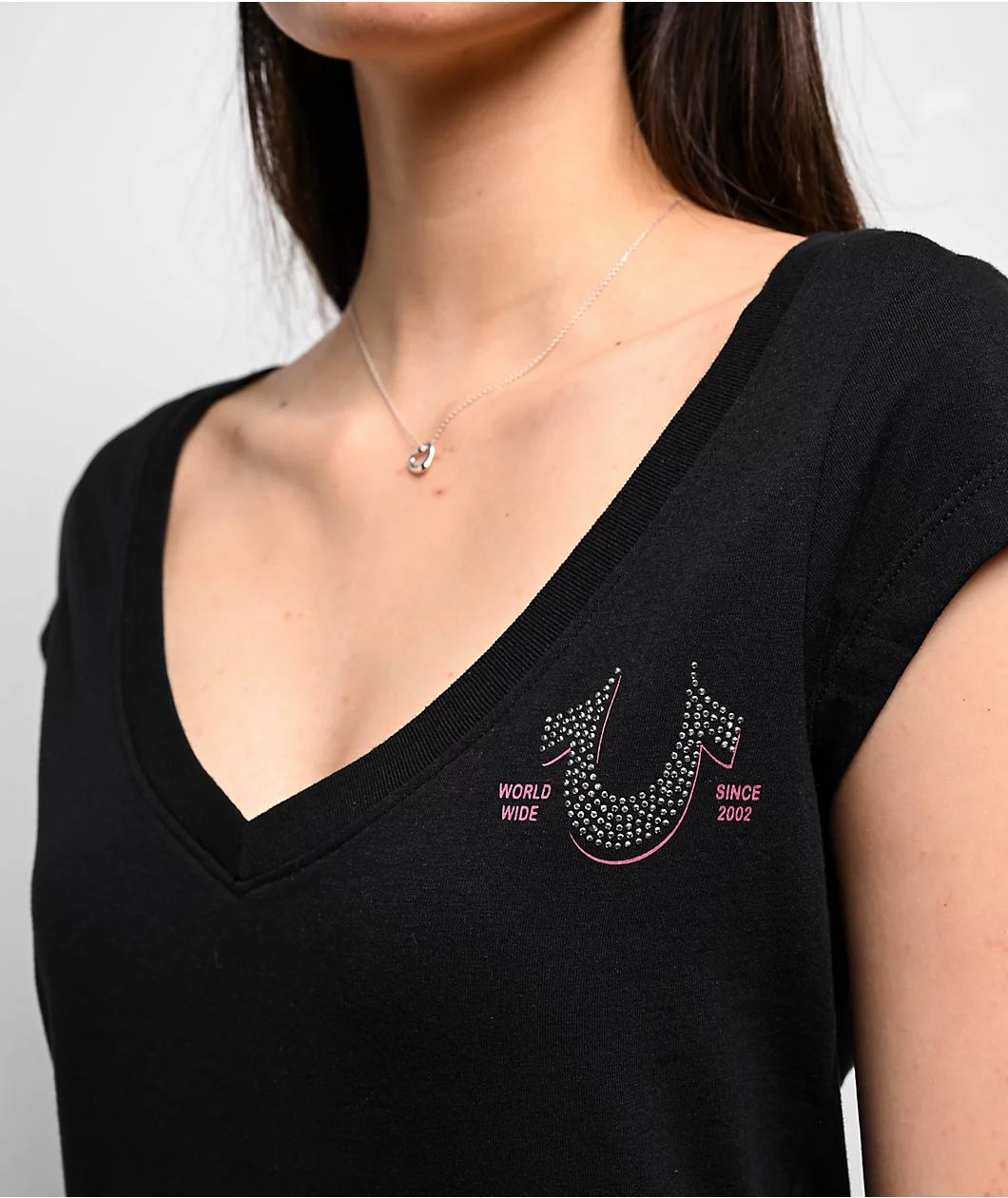 True Religion Crystal Low Plunge Black T-Shirt Product Image