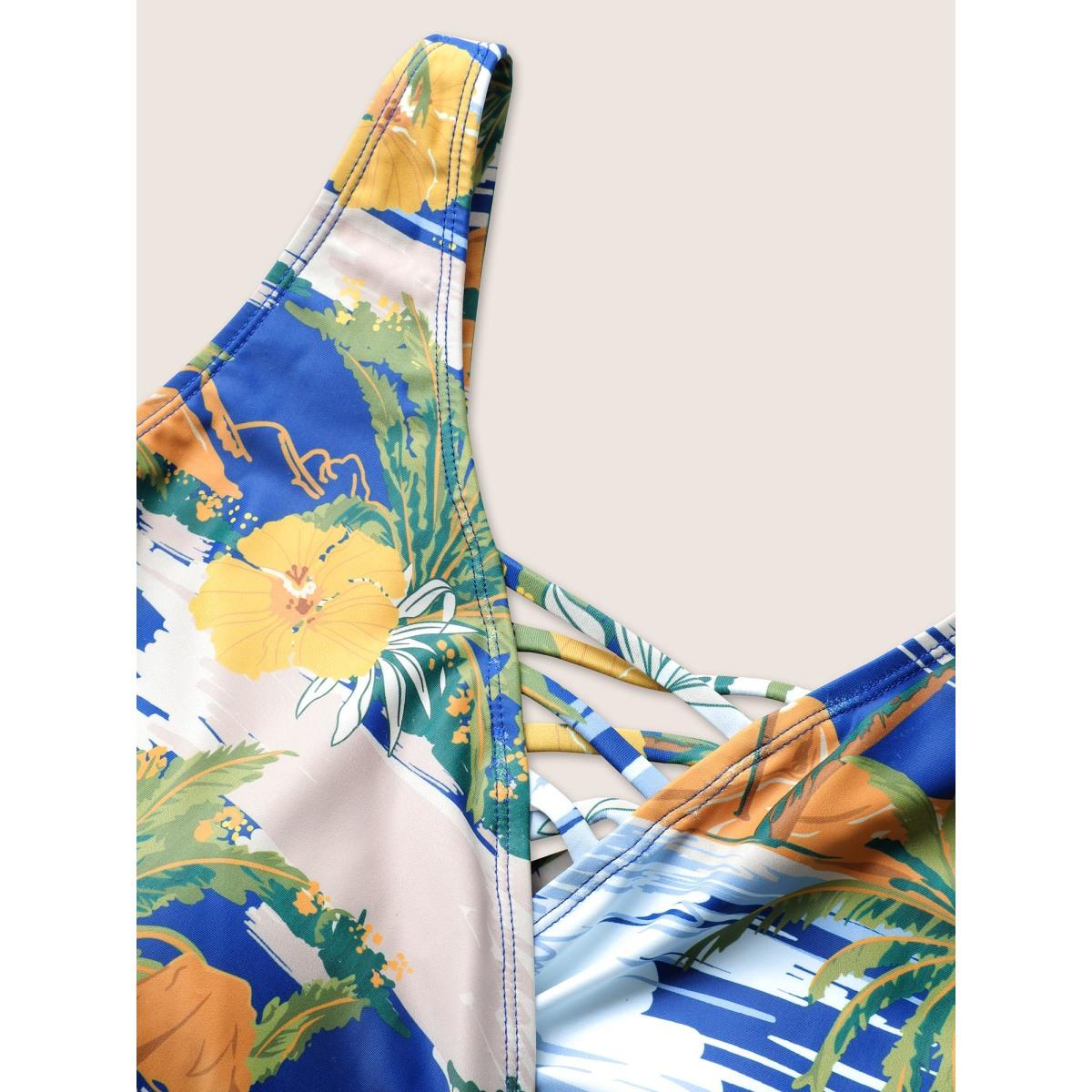 Plus Size Tropical Print Crisscross Cut Out Swim Dress Women's Swimwear Multicolor Beach Bodycon V-neck High stretch Curve Swim Dresses BloomChic 18-20/2X Product Image