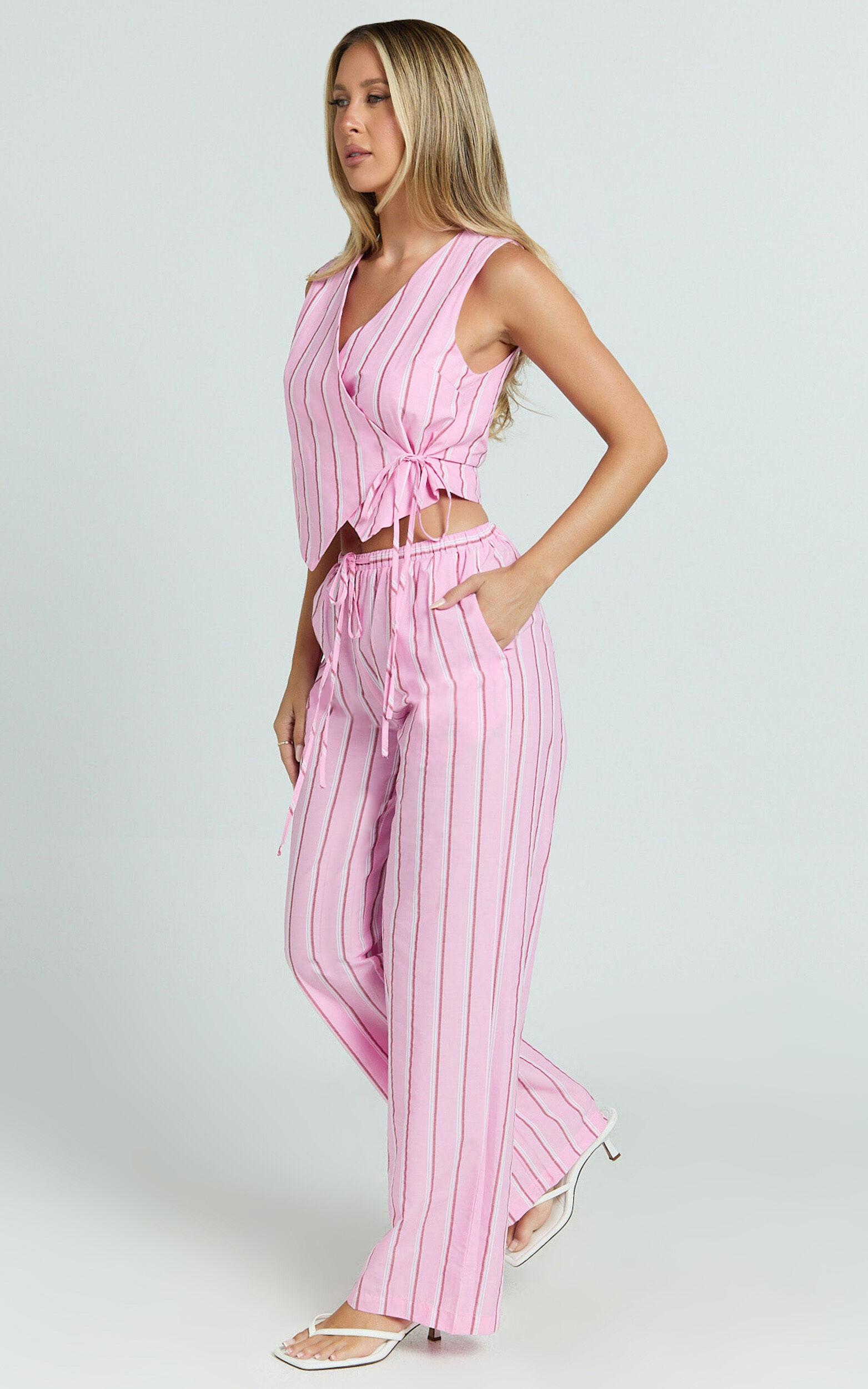 Layla Pants - Mid Waisted Relaxed Elastic Waist Pants in Pink Stripe Product Image