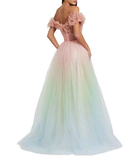 Mac Duggal Tulle Ombre Print Off-The-Shoulder Neck Short Sleeve 3D Flower Gown Product Image