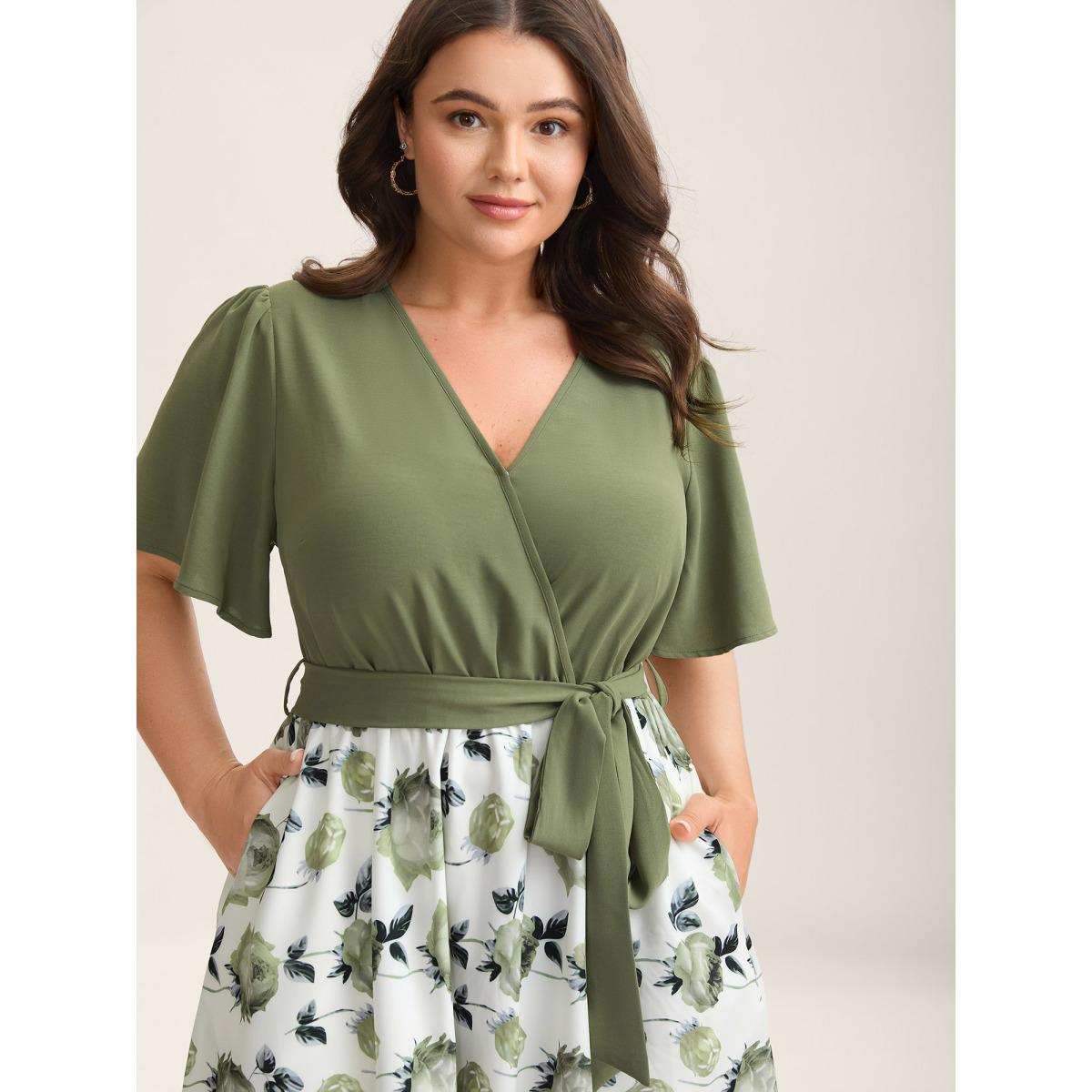 Plus Size Breezy Floral Print Belted Midi Dress Sage Women Overlap Collar Short sleeve Curvy BloomChic 10/M Product Image