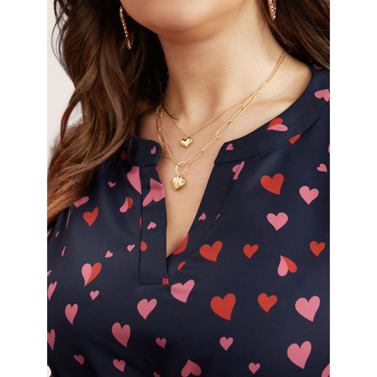 Plus Size Heart Print V Neck Pocket Belted Lantern Sleeve Ruffles Dress Navy Women Elegant Non V-neck Elbow-length sleeve Curvy Midi Dress BloomChic 10/M Product Image