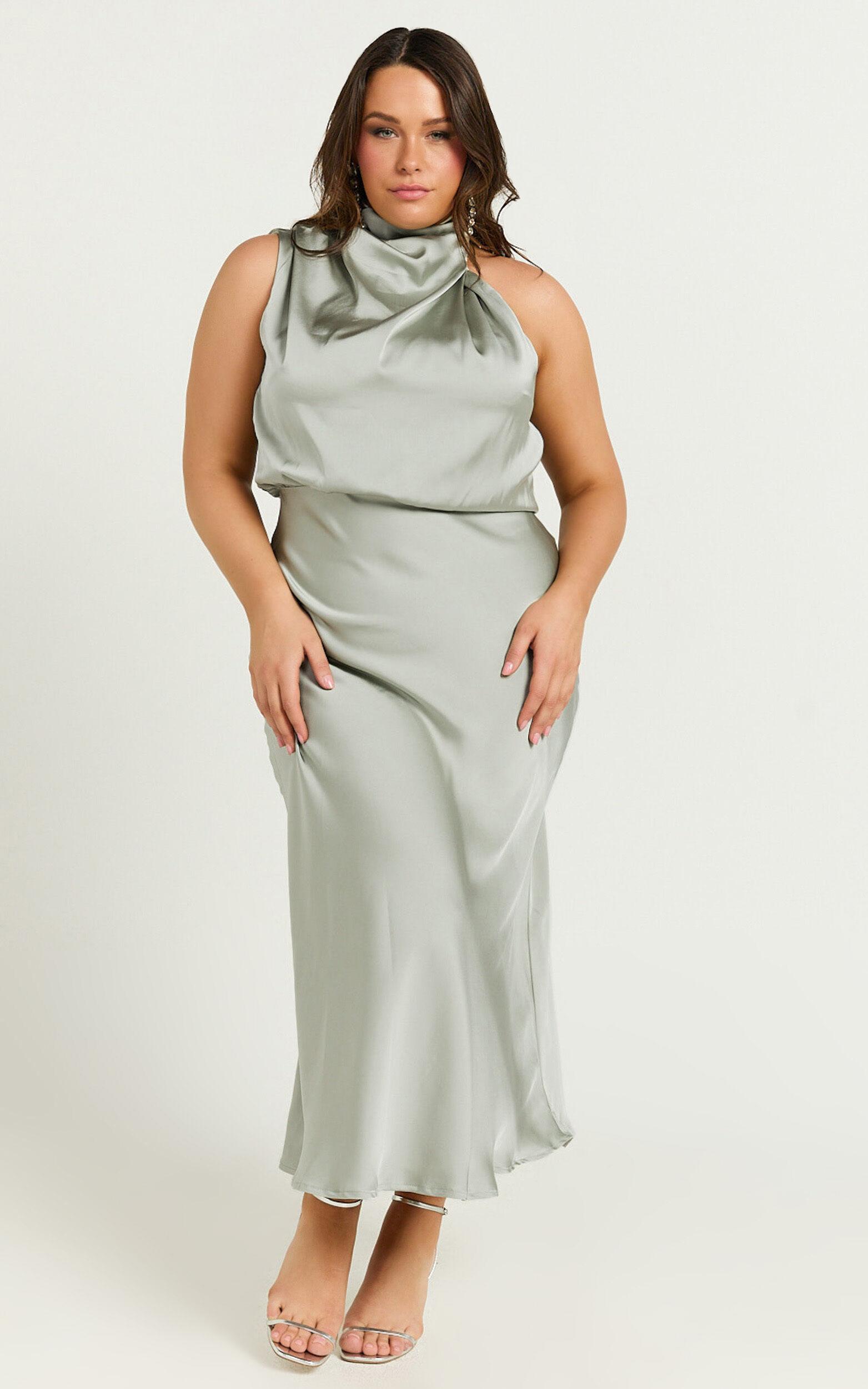 Minnie Midi Dress - Drape Neck Satin Slip Dress in Sage Product Image