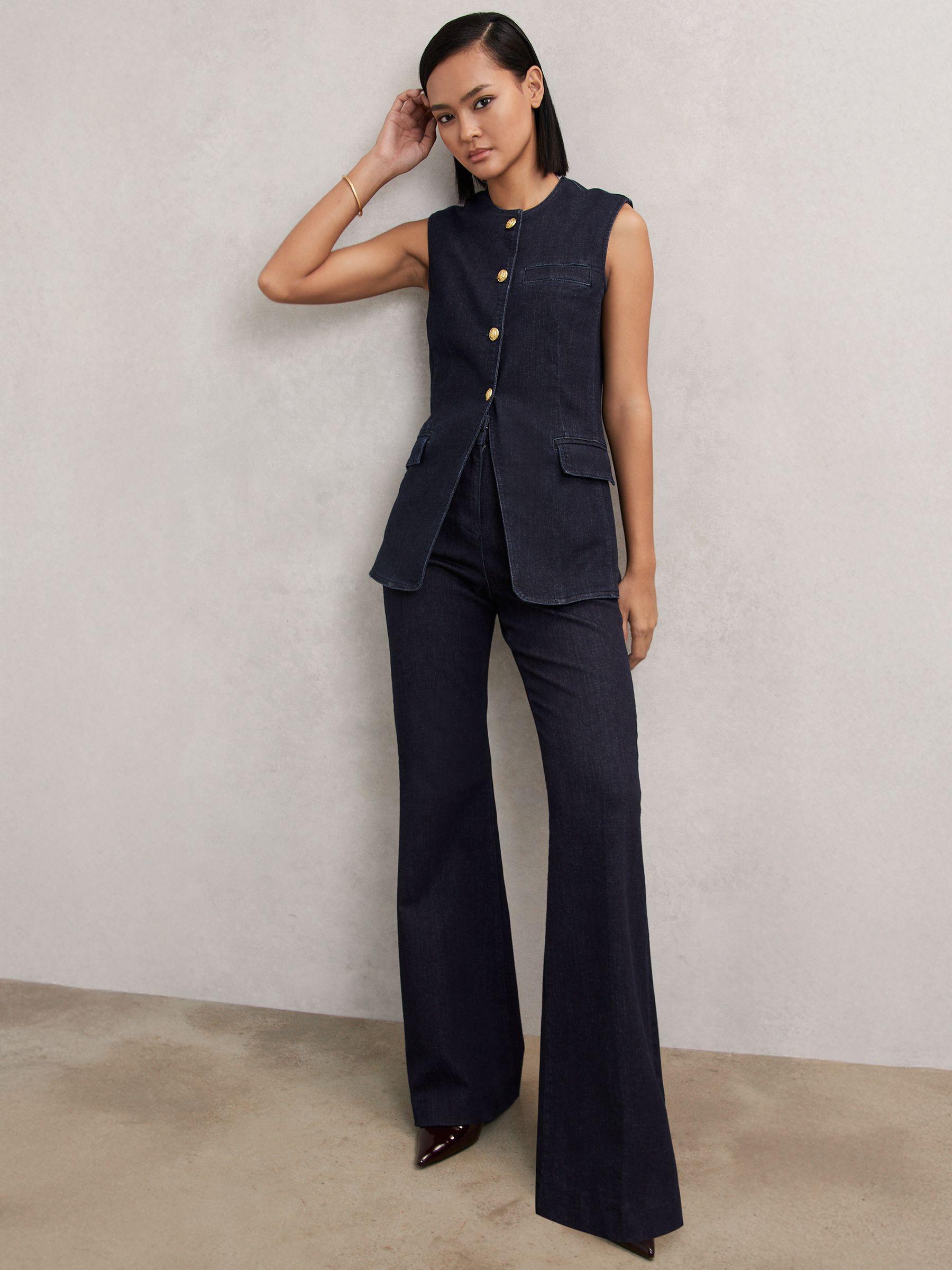 Denim Long-Line Waistcoat in Dark Blue Product Image