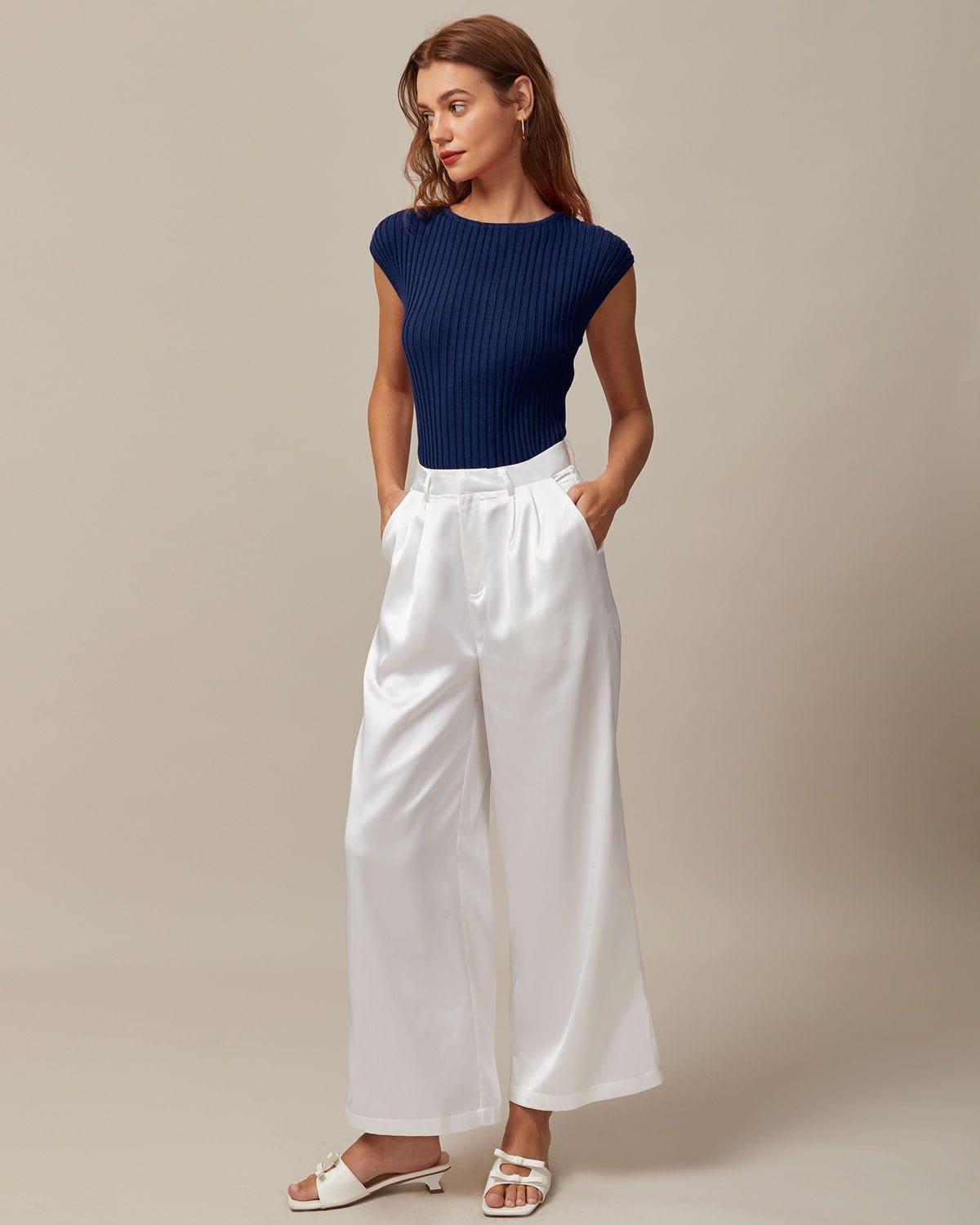 The Blue Boat Neck Ribbed Cap Sleeve Knit Tee Product Image