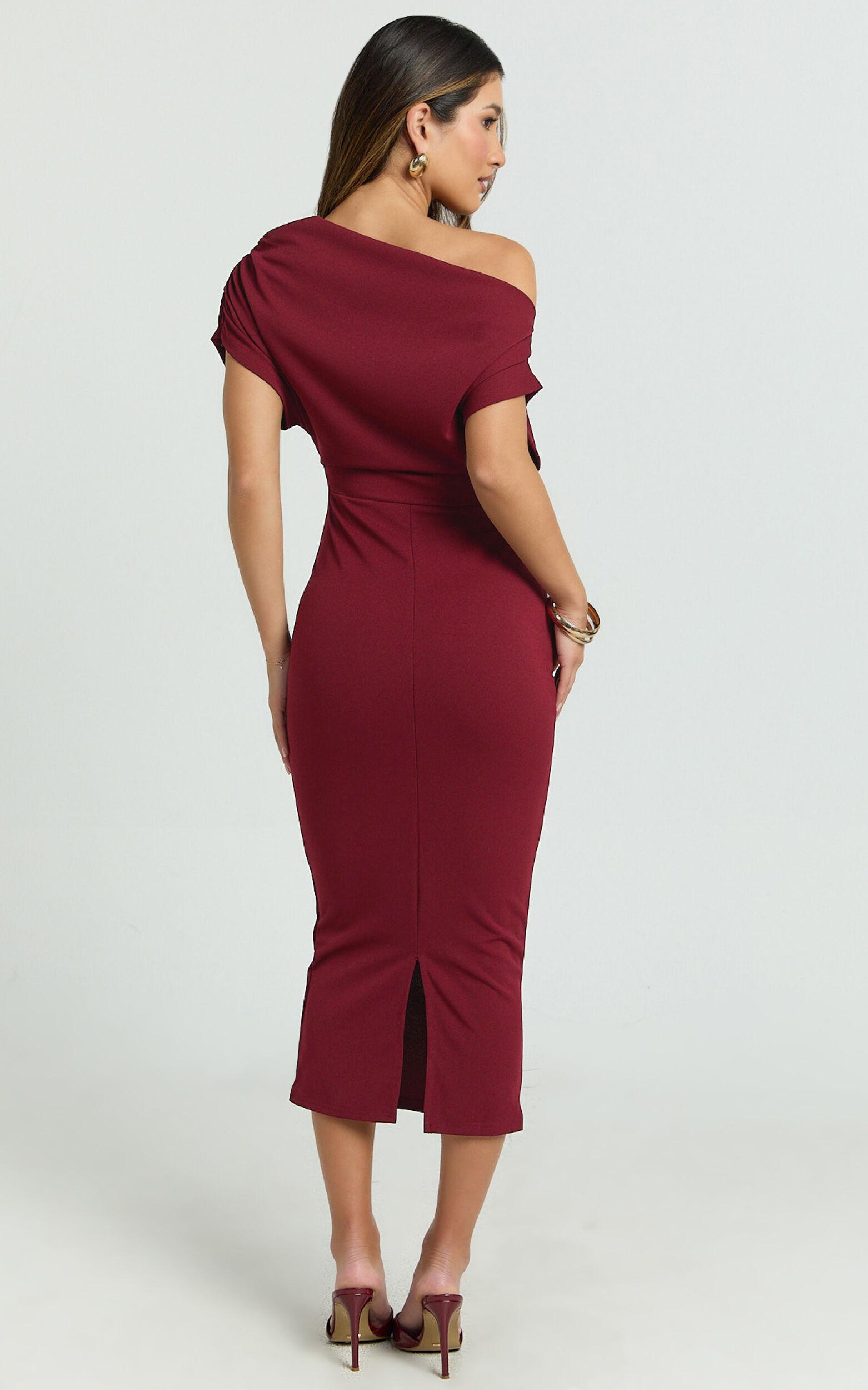 Nalfie Midi Dress - Tipped Shoulder Jersey Drape Dress in Wine Product Image