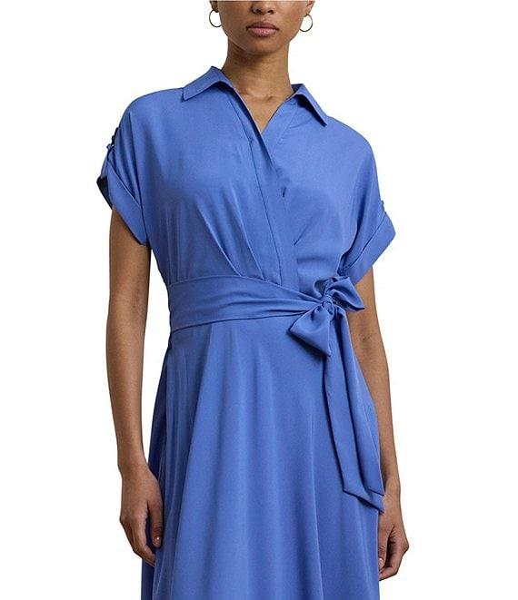 Lauren Ralph Lauren Crepe Spread Collar Neck Short Sleeve Tie Waist Belt A-Line Midi Dress Product Image