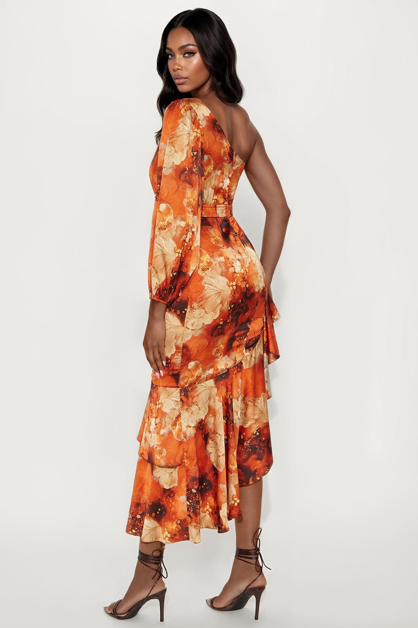 Heidi Satin One Shoulder Ruffle Maxi Dress - Cognac Female Product Image