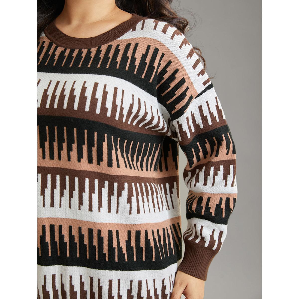 Plus Size Supersoft Essentials Colorblock Geo Elastic Cuffs Pullover DarkBrown Women Casual Loose Long Sleeve Round Neck Dailywear Pullovers BloomChic 28/5X Product Image