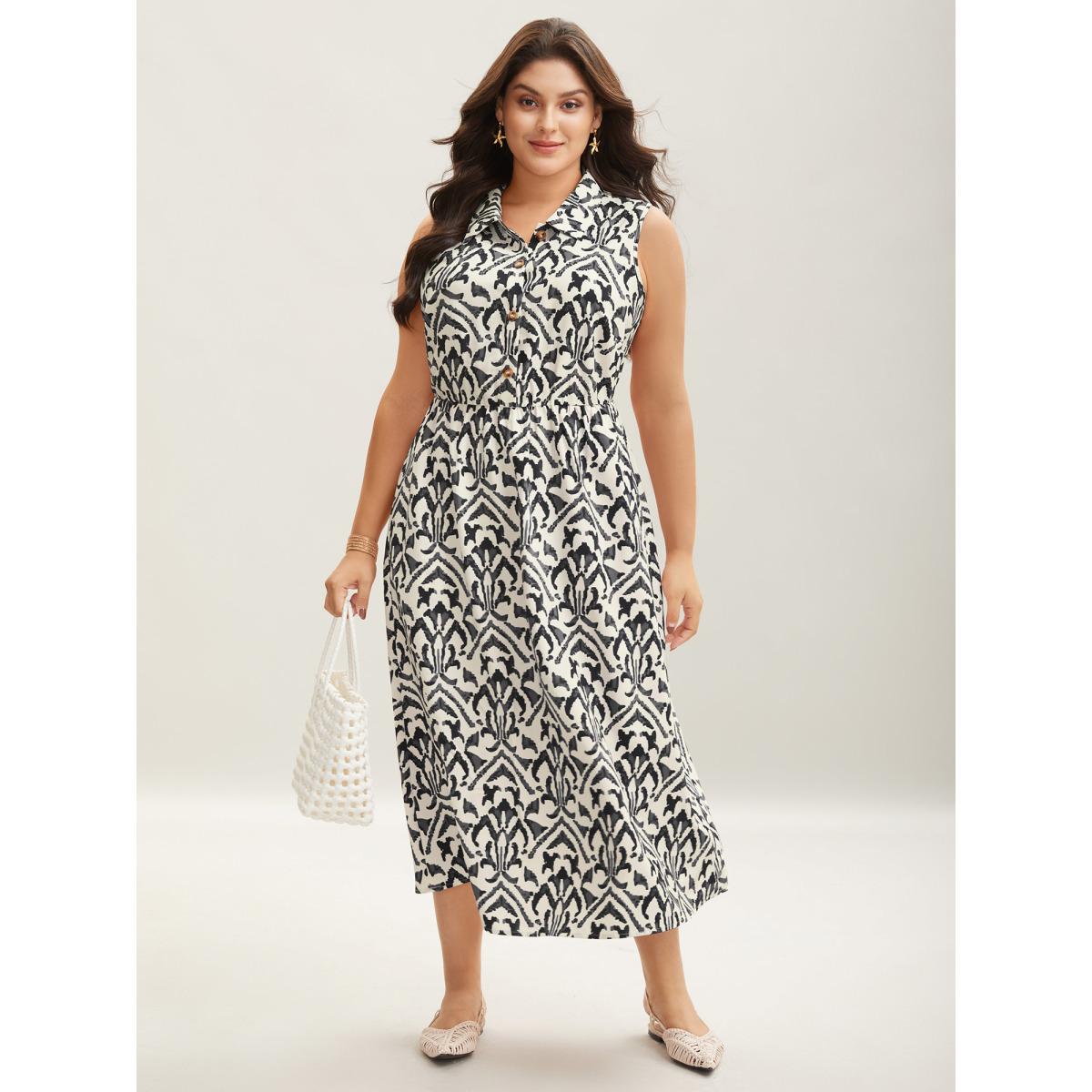 Plus Size Spring Abstract Print Shirt Collar Midi Dress Navy Women Shirt collar Sleeveless Curvy BloomChic 14-16/1X Product Image