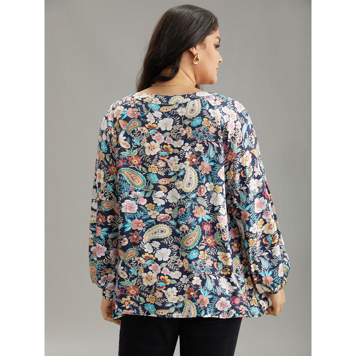 Plus Size Indigo Paisley Lantern Sleeve Gathered Blouse Women Elegant Long Sleeve V-neck Dailywear Blouses BloomChic 28/5X Product Image