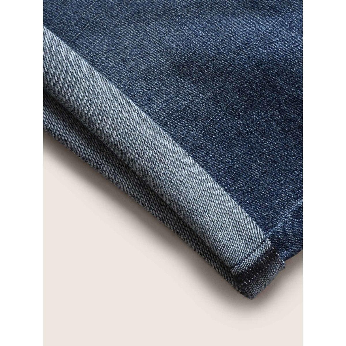 Plus Size Dark Wash Elastic Waist Roll Hem Denim Shorts Women DarkBlue Roll Hem Medium stretch Everyday Slanted pocket Casual Denim Shorts BloomChic 12/L Product Image