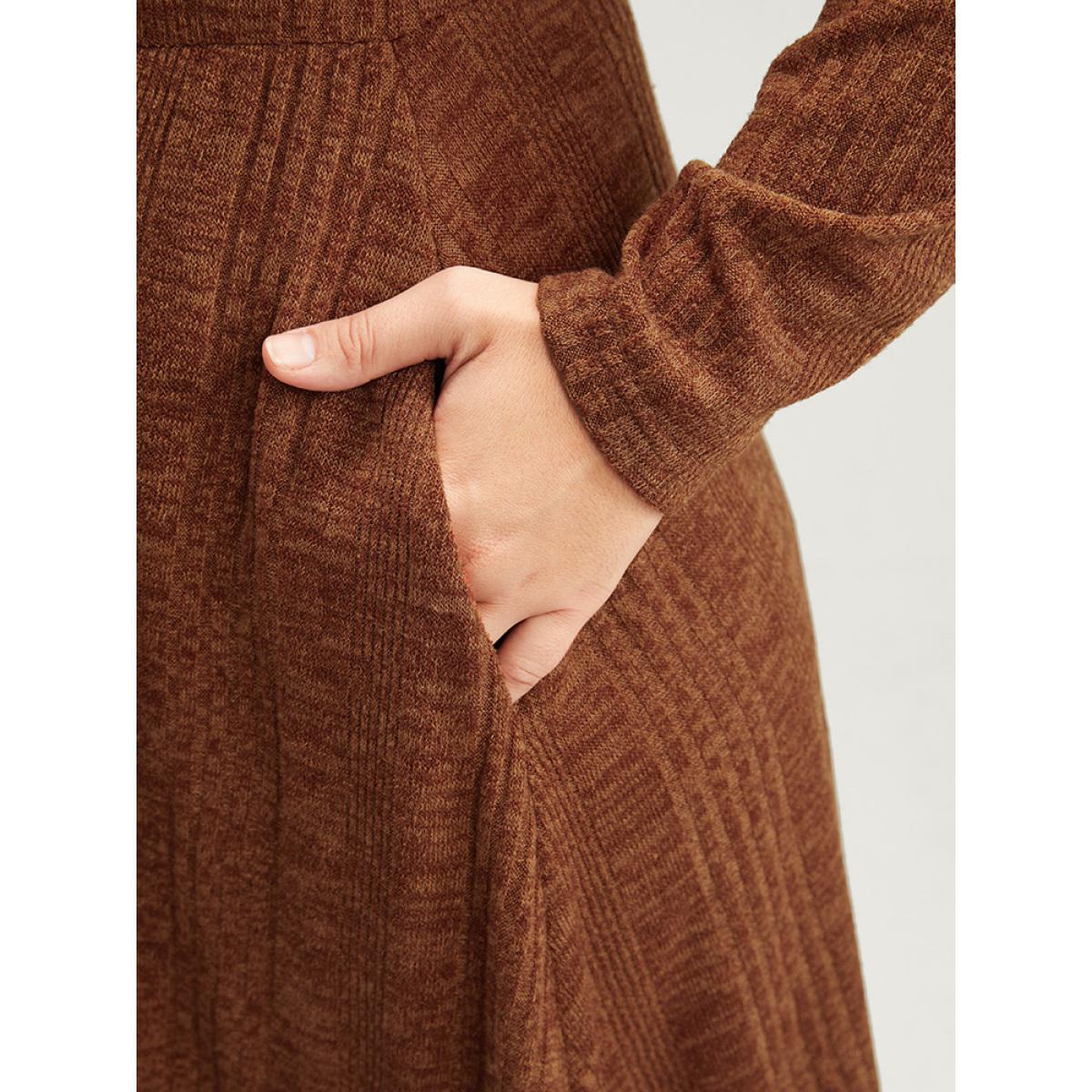 Plus Size Solid Round Neck Pocket Rib Knit Dress Without Belt Chocolate Women Elegant Elastic Waist Round Neck Long Sleeve Curvy Midi Dress BloomChic 14-16/1X Product Image