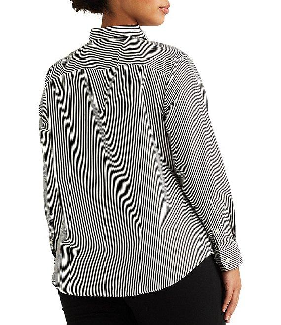Lauren Ralph Lauren Plus Size Easy Care Striped Print Point Collar Shirttail Hem Long Sleeve Shirt Product Image